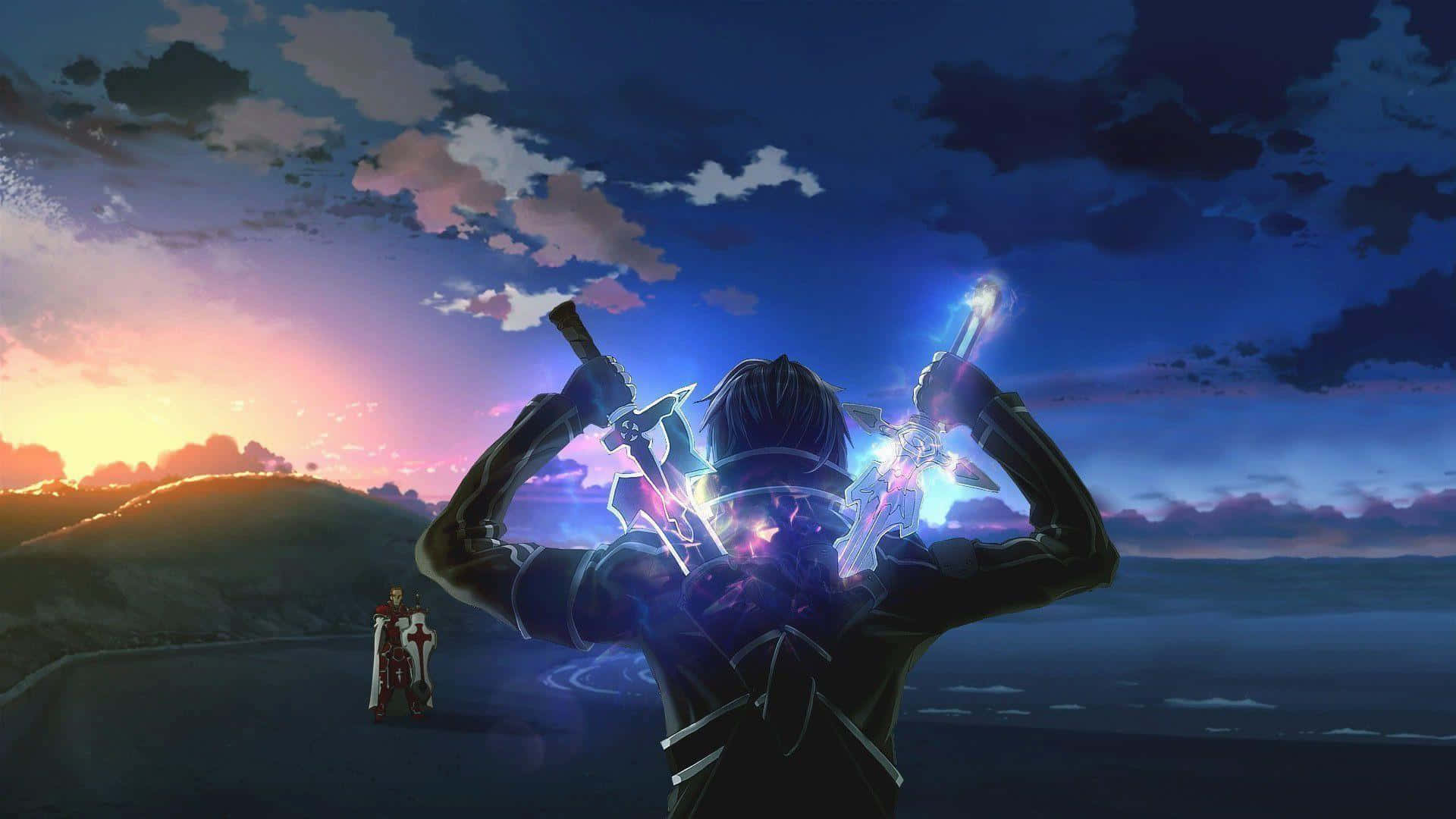 Epic Anime, glowing swords, twilight sky, Full HD Desktop Wallpaper