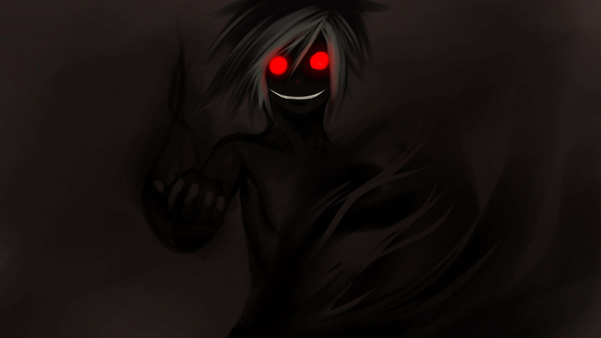 black and red anime, glowing red eyes, sinister grin, 2K Desktop Wallpaper