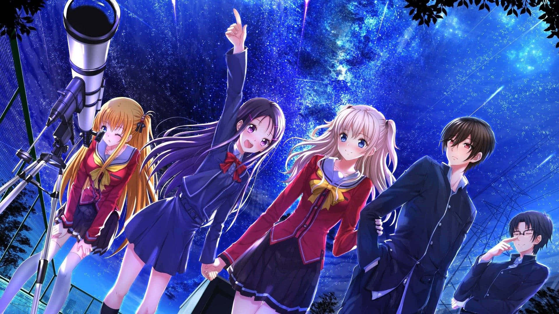 Anime All Characters, school uniforms, starry night sky, Full HD Desktop Wallpaper