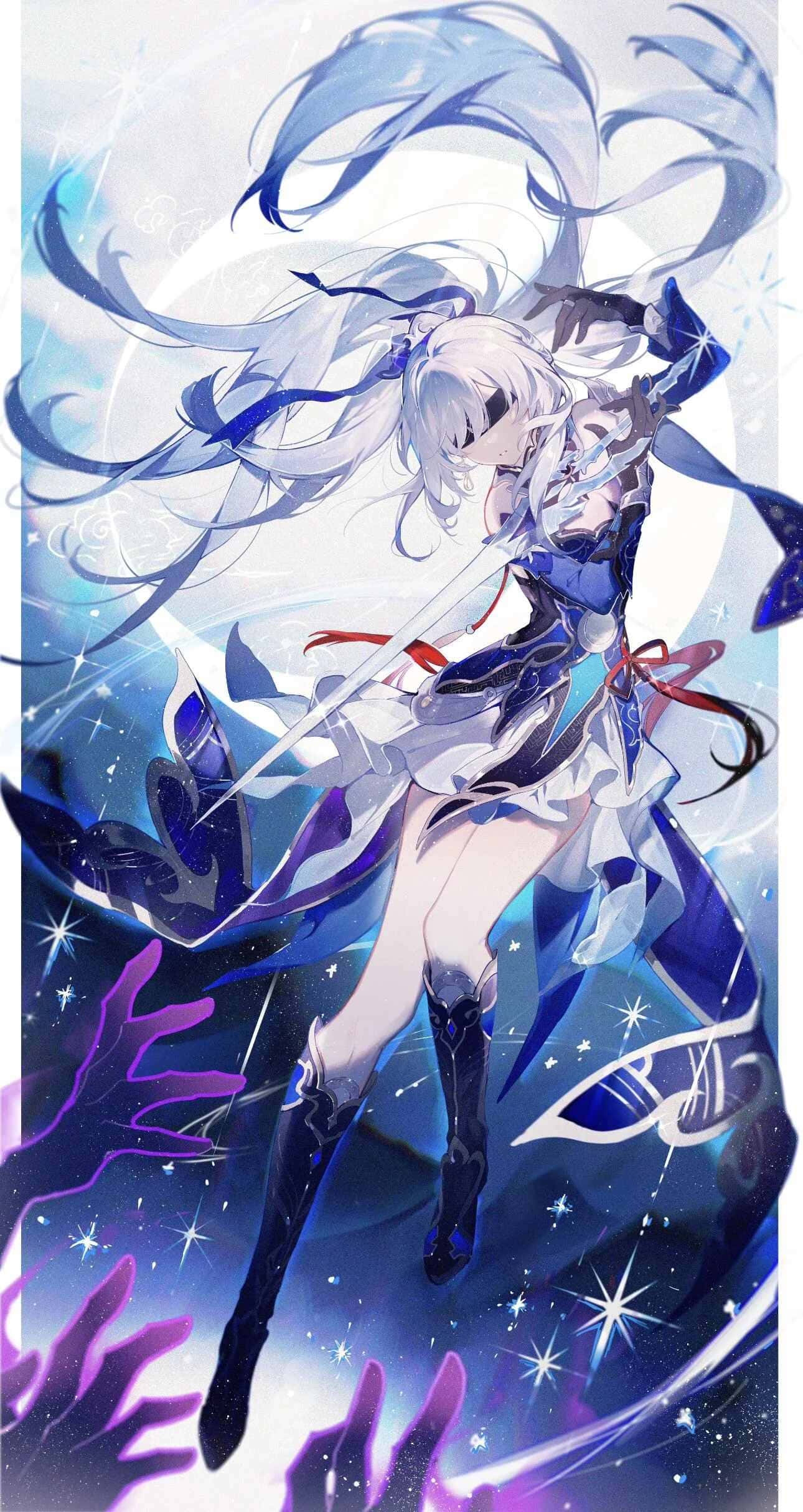 Ethereal Anime Warrior Art, silver hair, blue outfit, Full HD Phone Wallpaper