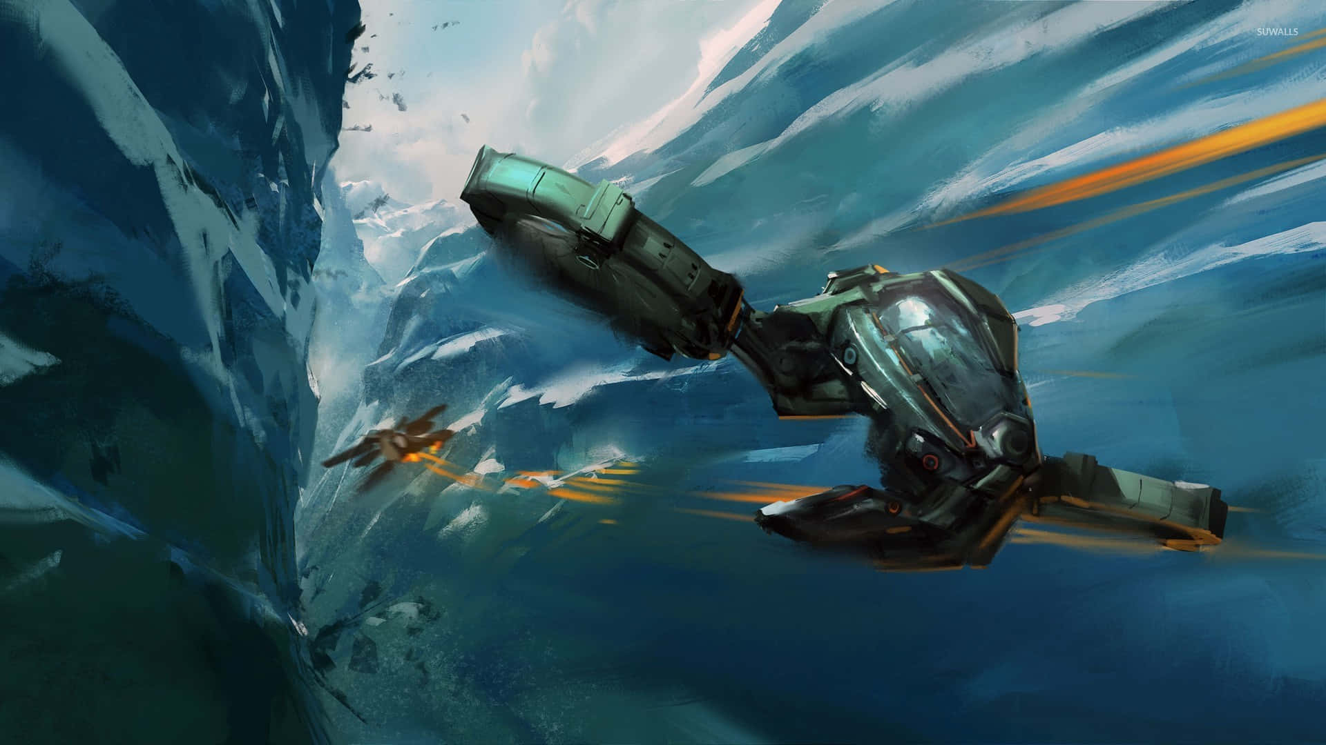 Epic Battle, futuristic spaceship, icy canyon, Full HD Desktop Wallpaper