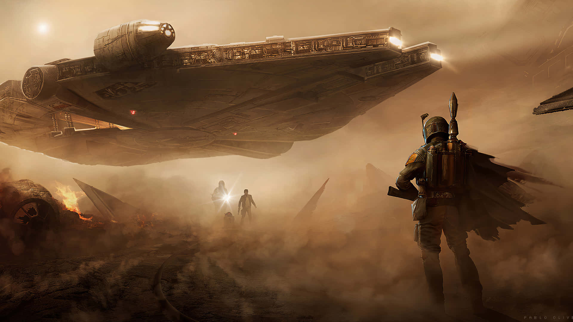 Epic Battle, armored figure, massive starship, Full HD Desktop Wallpaper