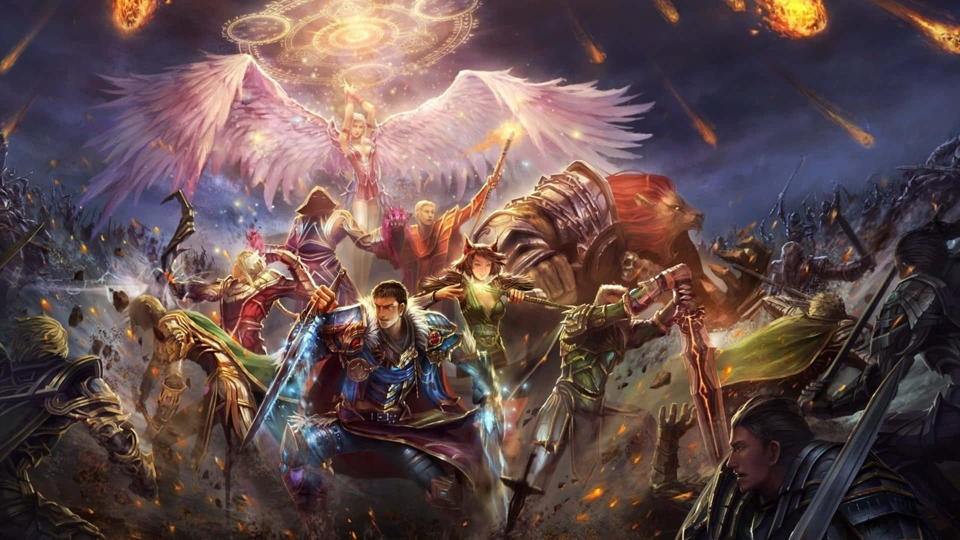 Epic Battle, glowing angelic figure, falling meteors, Full HD Desktop Wallpaper