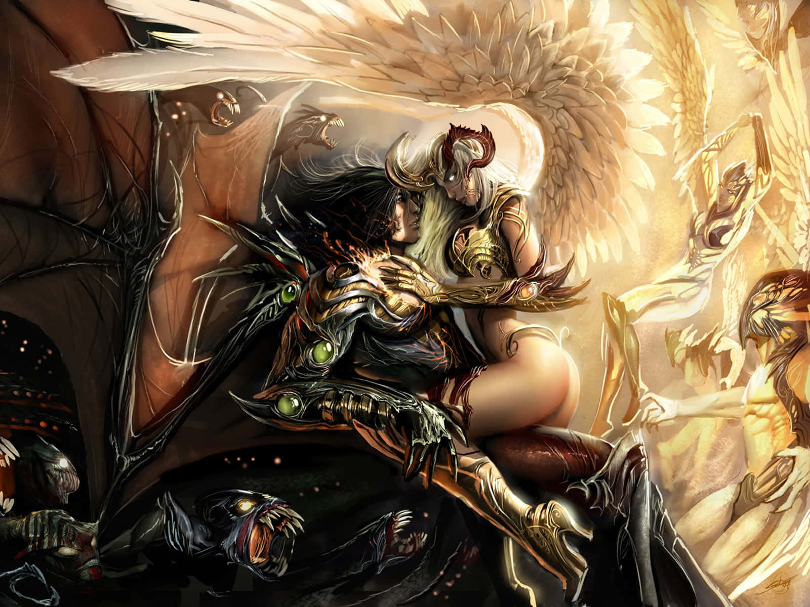 Epic Battle, dark armored warrior, golden-winged angel, HD Desktop Wallpaper