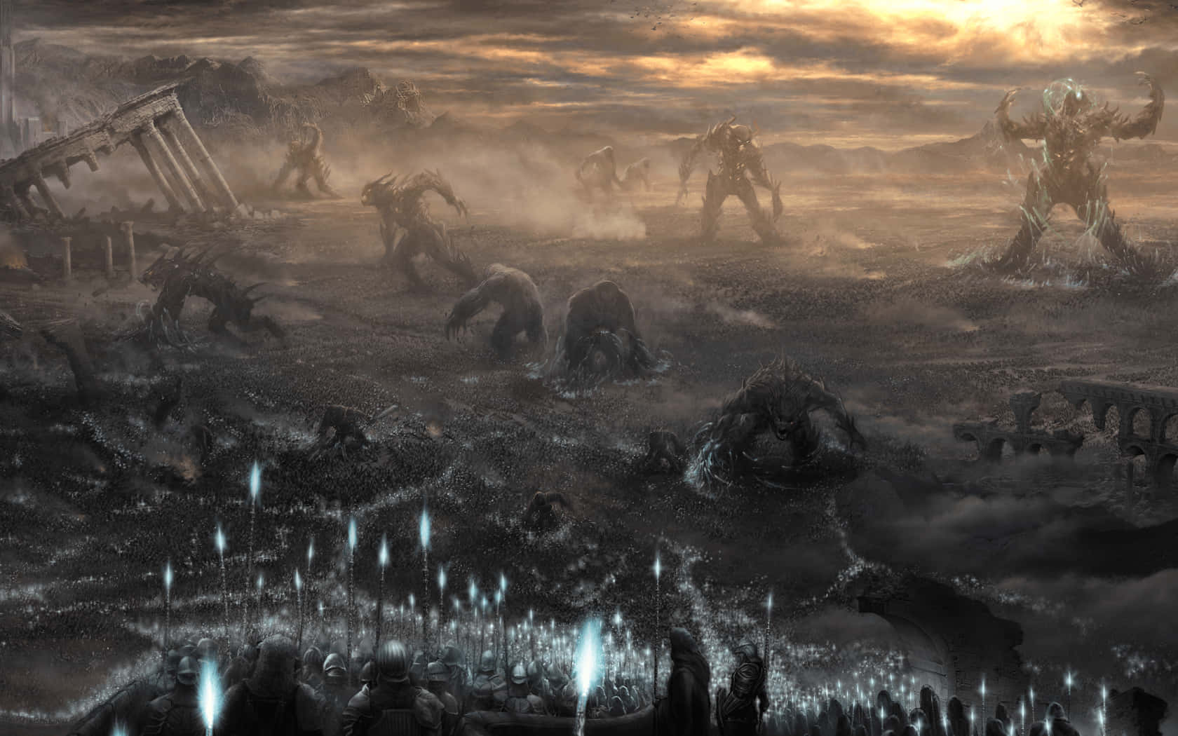 dark fantasy battlefield, dusk, glowing warriors, HD Desktop Wallpaper