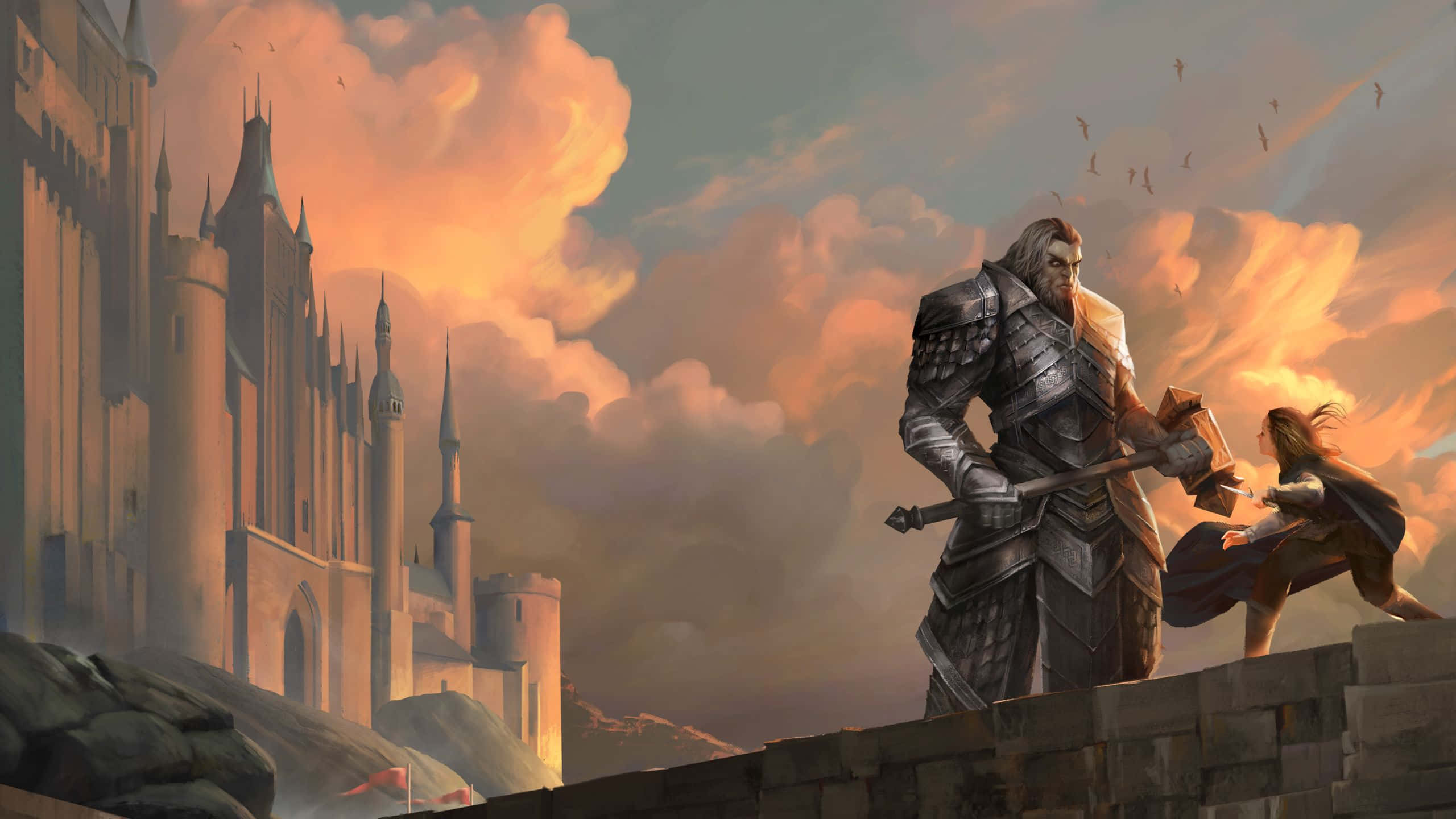 knight, full armor, castle wall, 2K Desktop Wallpaper