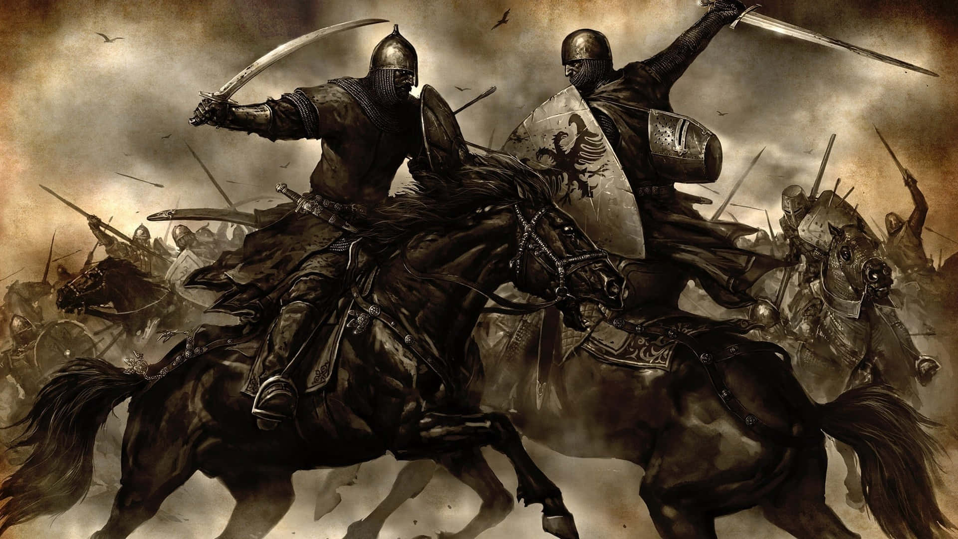 Epic Battle, armored knights, black horses, Full HD Desktop Wallpaper
