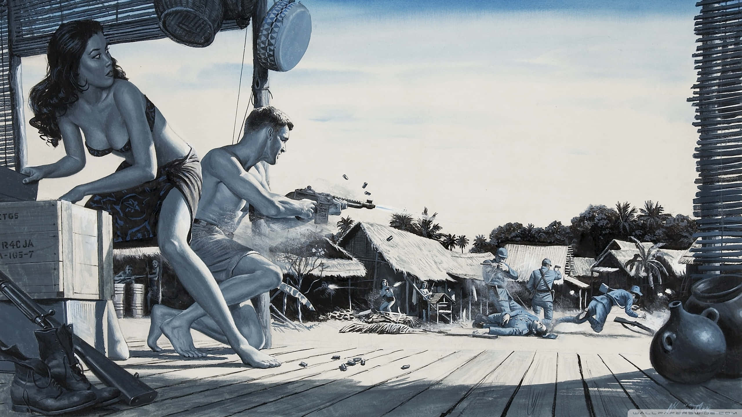 Epic Battle, monochrome illustration, shirtless man, 2K Desktop Wallpaper