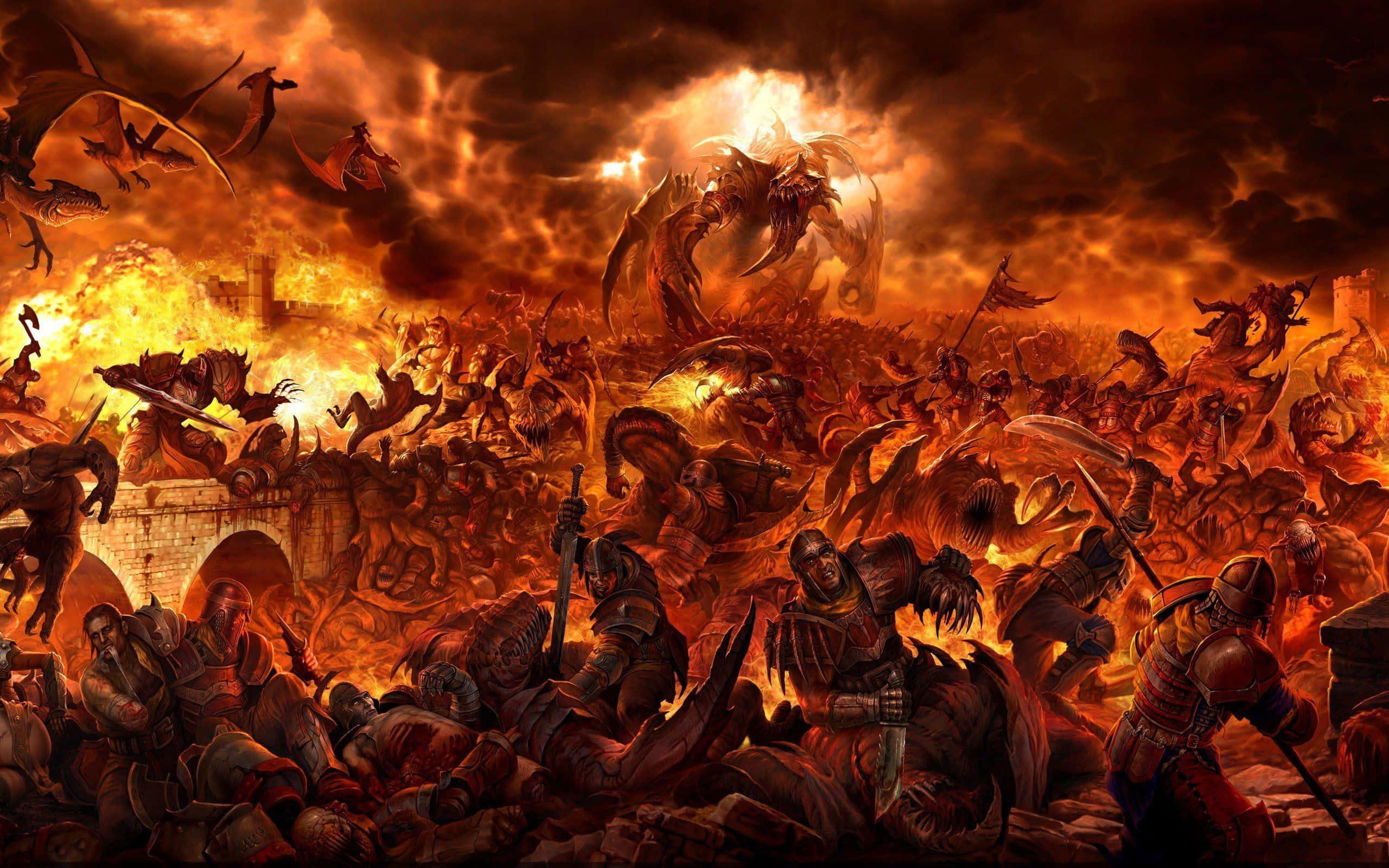 Epic Battle, armored warriors, monstrous dragons, 2K Desktop Wallpaper