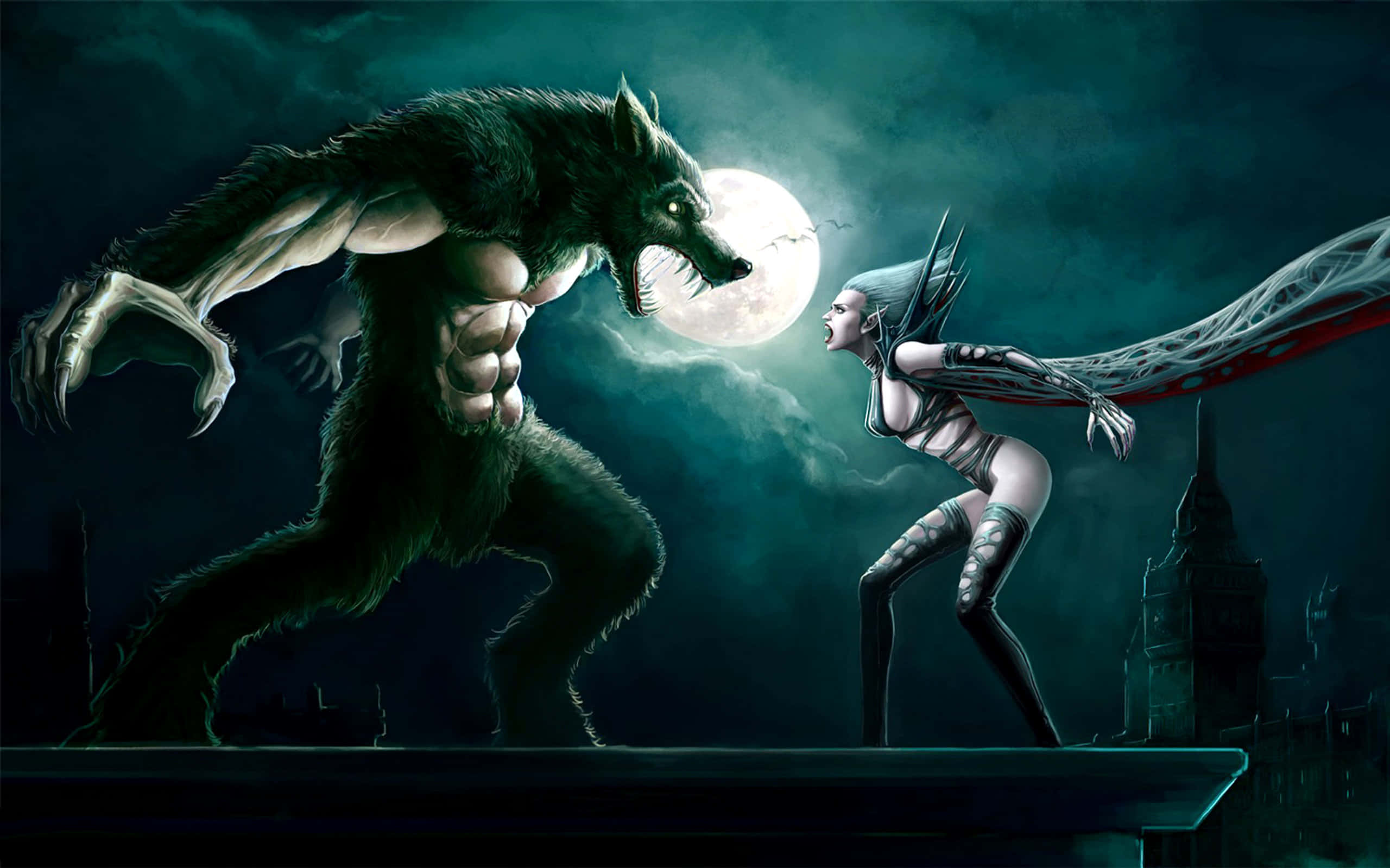 werewolf, futuristic warrior woman, full moon, 2K Desktop Wallpaper