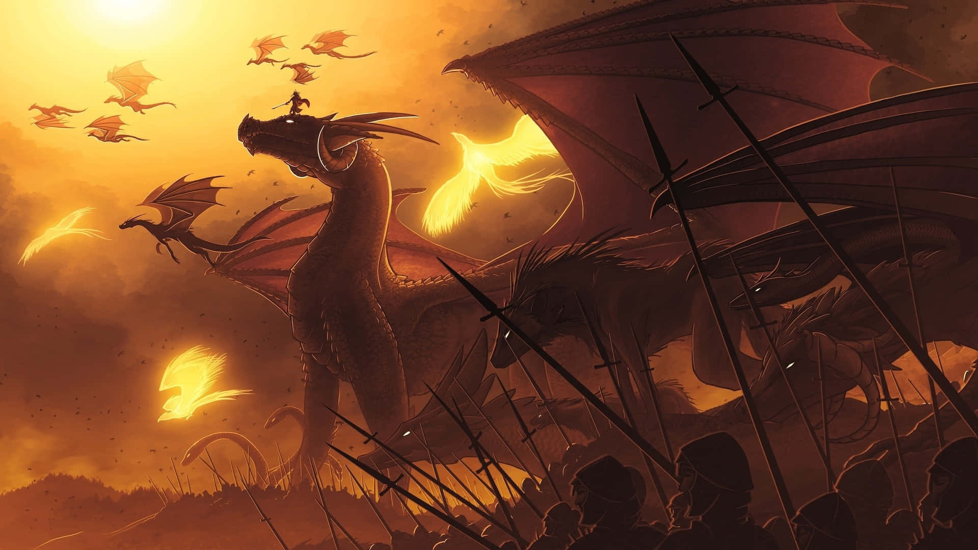 Epic Battle, medieval armies, colossal dragon, Full HD Desktop Wallpaper