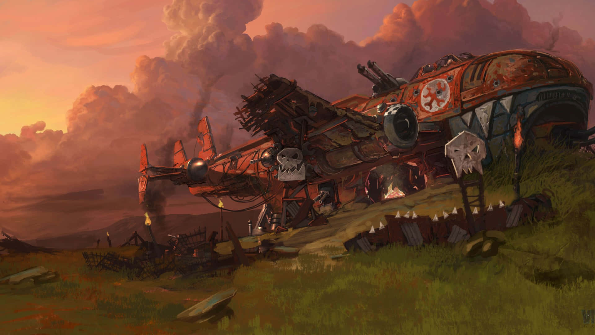 Epic Battle, rusty spaceship, grassy hill, Full HD Desktop Wallpaper