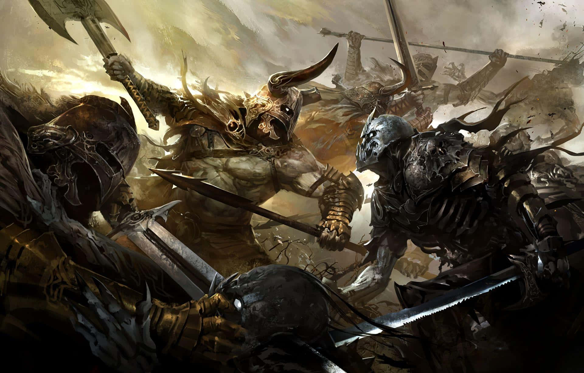 Epic Battle, stormy sky, armored warriors, Full HD Desktop Wallpaper