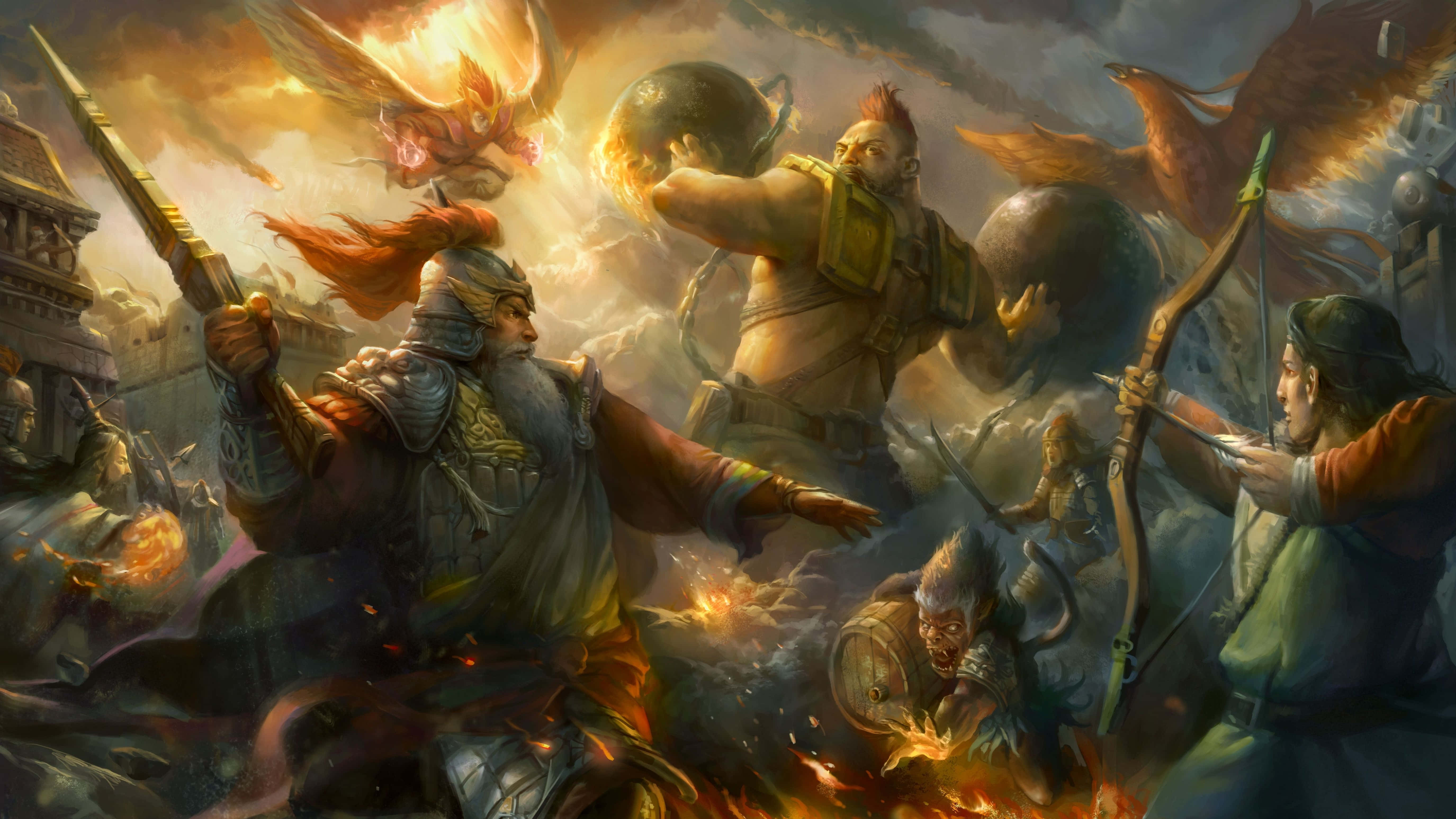 Epic Battle, fantasy warriors, mythical birds, 5K Desktop Wallpaper