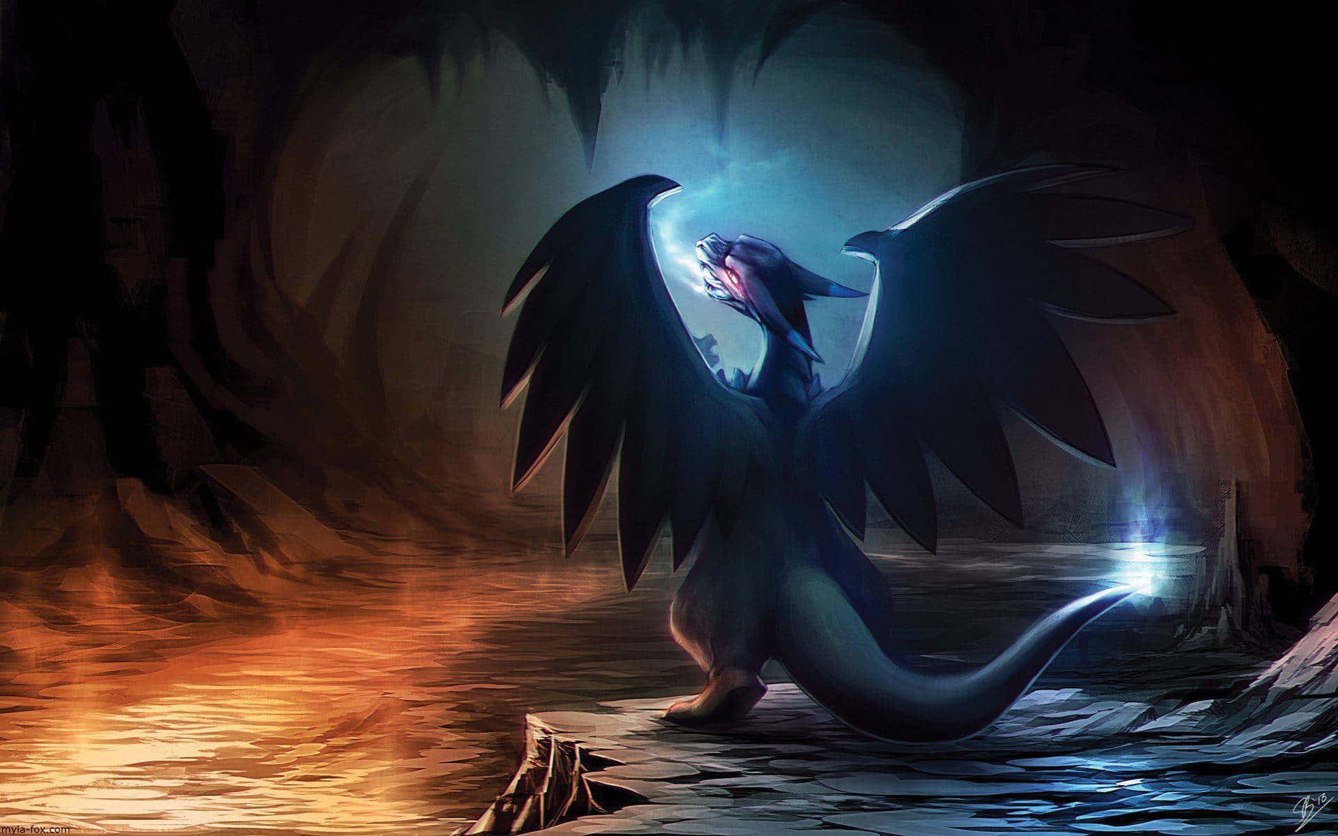 Epic Charizard, dark dragon, glowing blue wings, Full HD Desktop Wallpaper