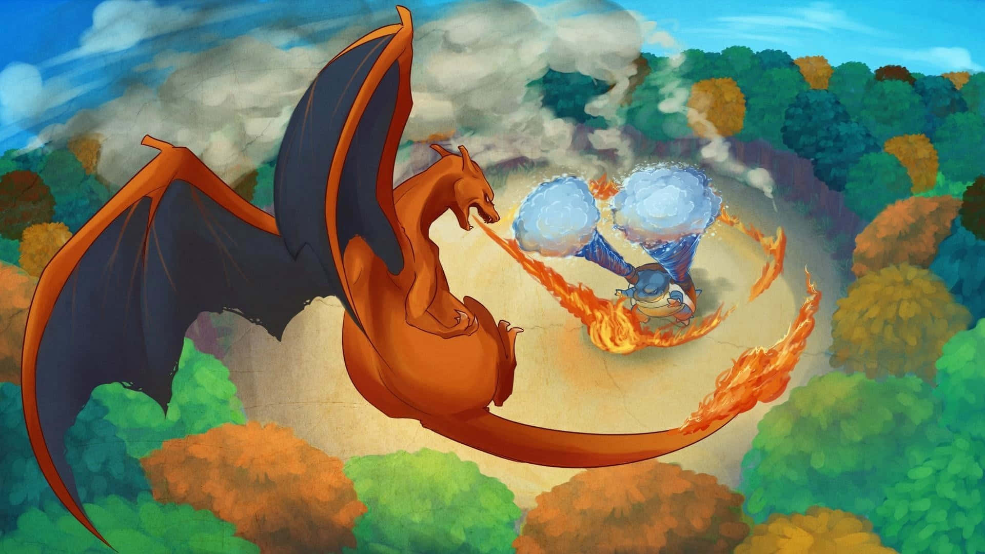 Charizard, blue Pokémon, autumn trees, Full HD Desktop Wallpaper