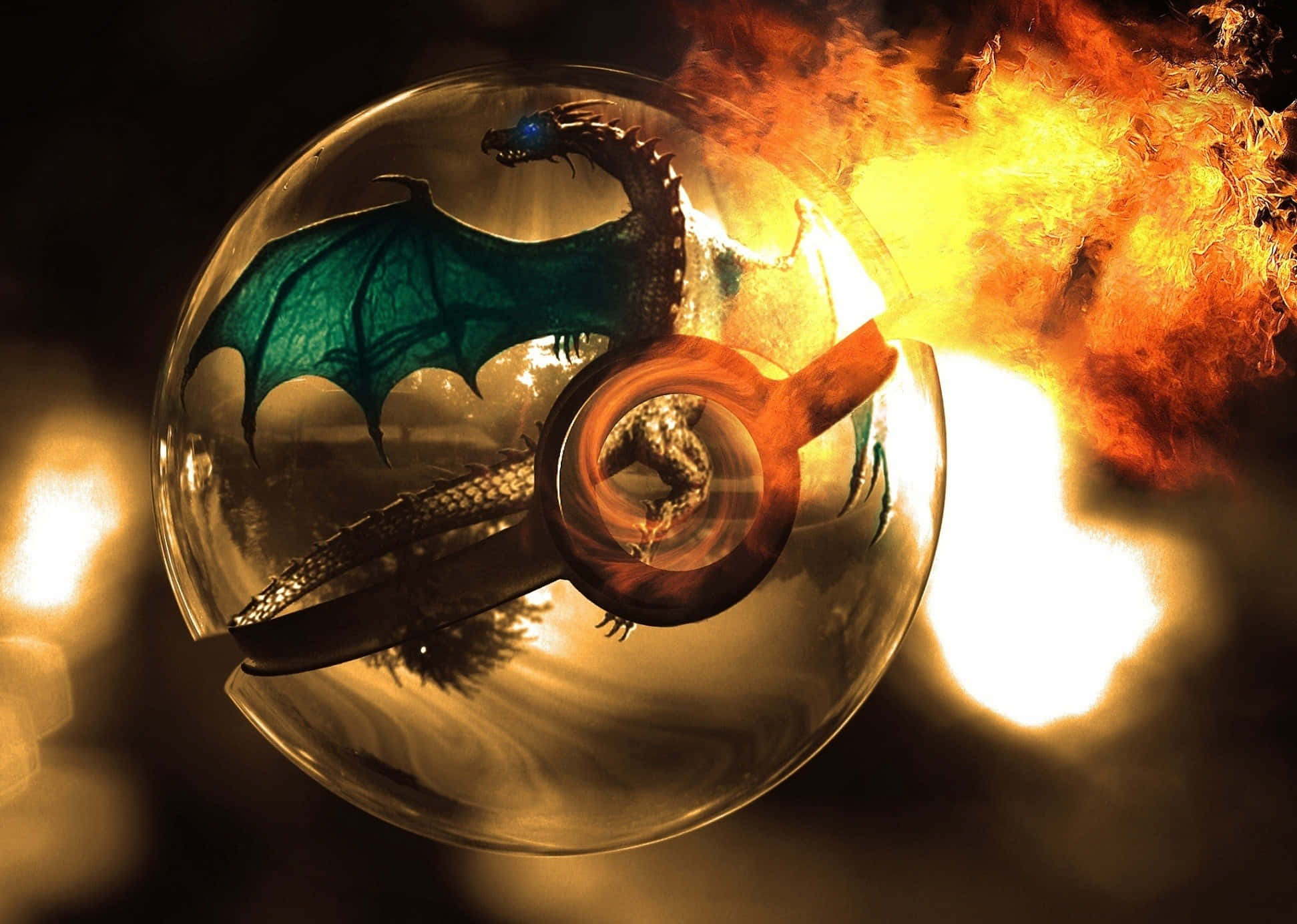 Epic Charizard, glass sphere, teal dragon, Full HD Desktop Wallpaper