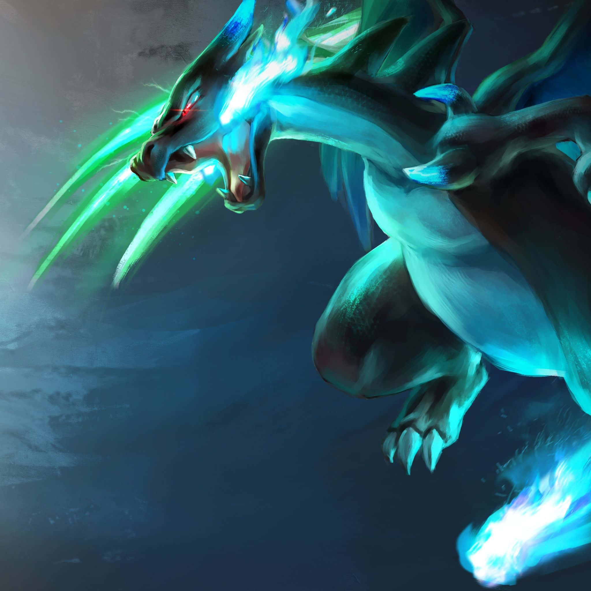 Epic Charizard, blue dragon, glowing green claws, Full HD Desktop Wallpaper