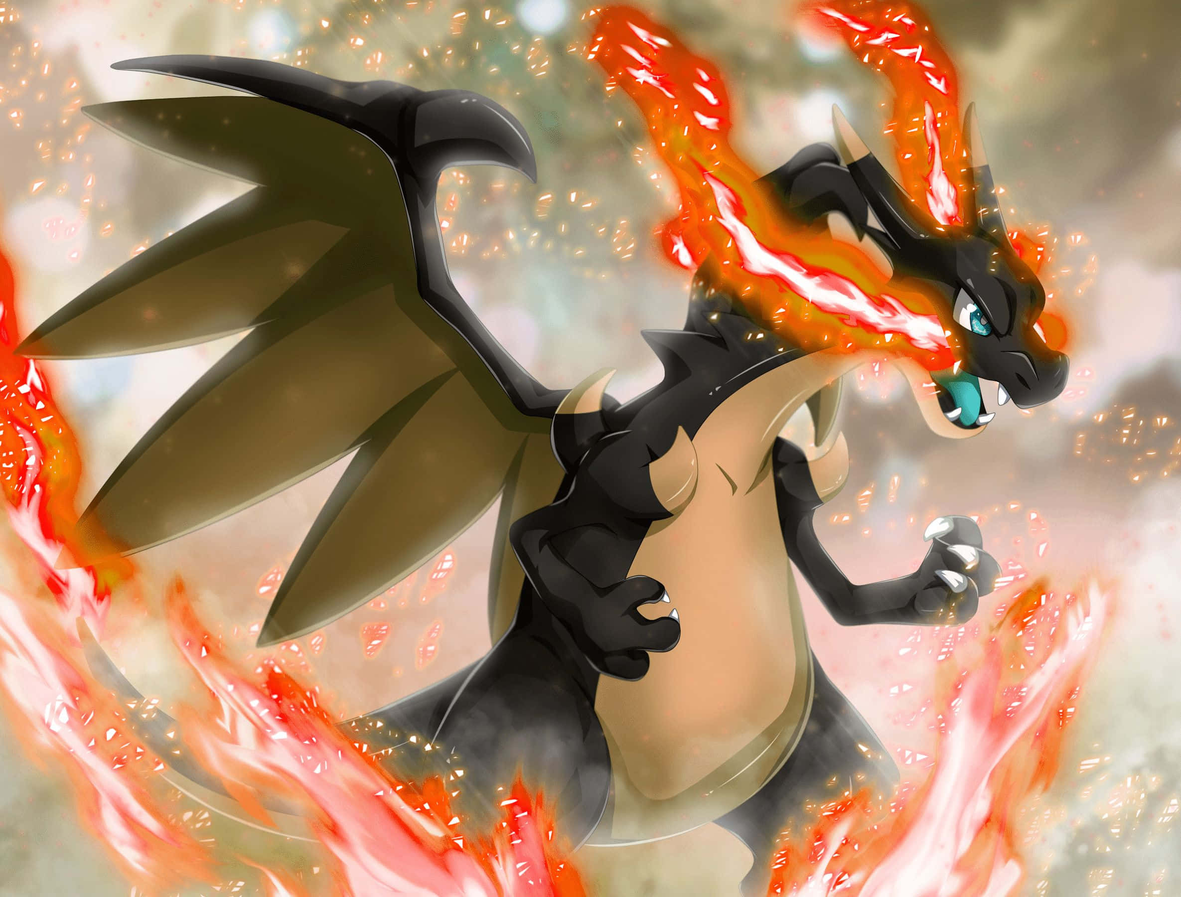 Epic Charizard, fiery black dragon, glowing blue eyes, Full HD Desktop Wallpaper