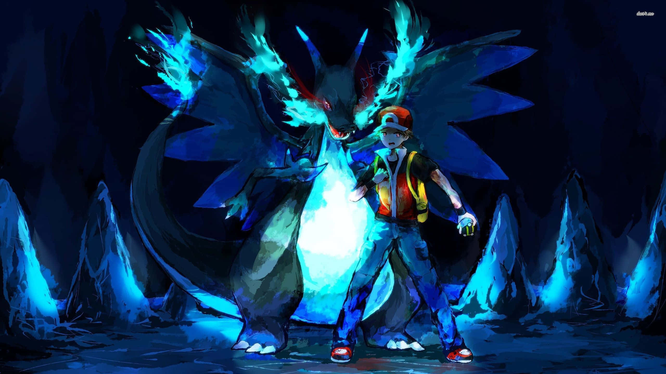 Epic Charizard, glowing blue dragon, dark icy cavern, 2K Desktop Wallpaper