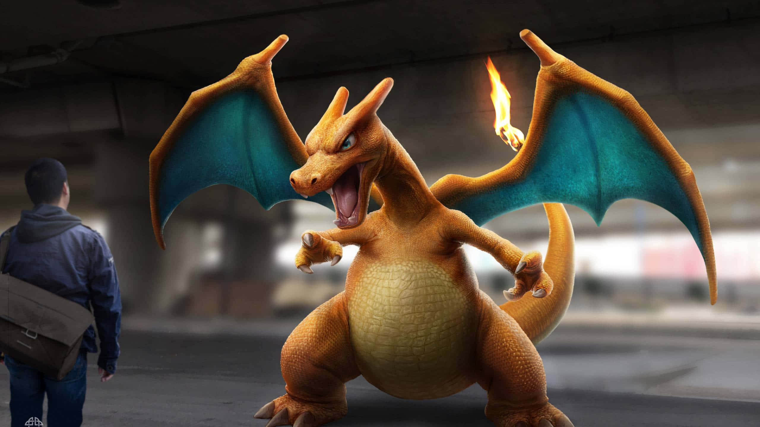 Epic Charizard, fiery orange, blue wings, 2K Desktop Wallpaper