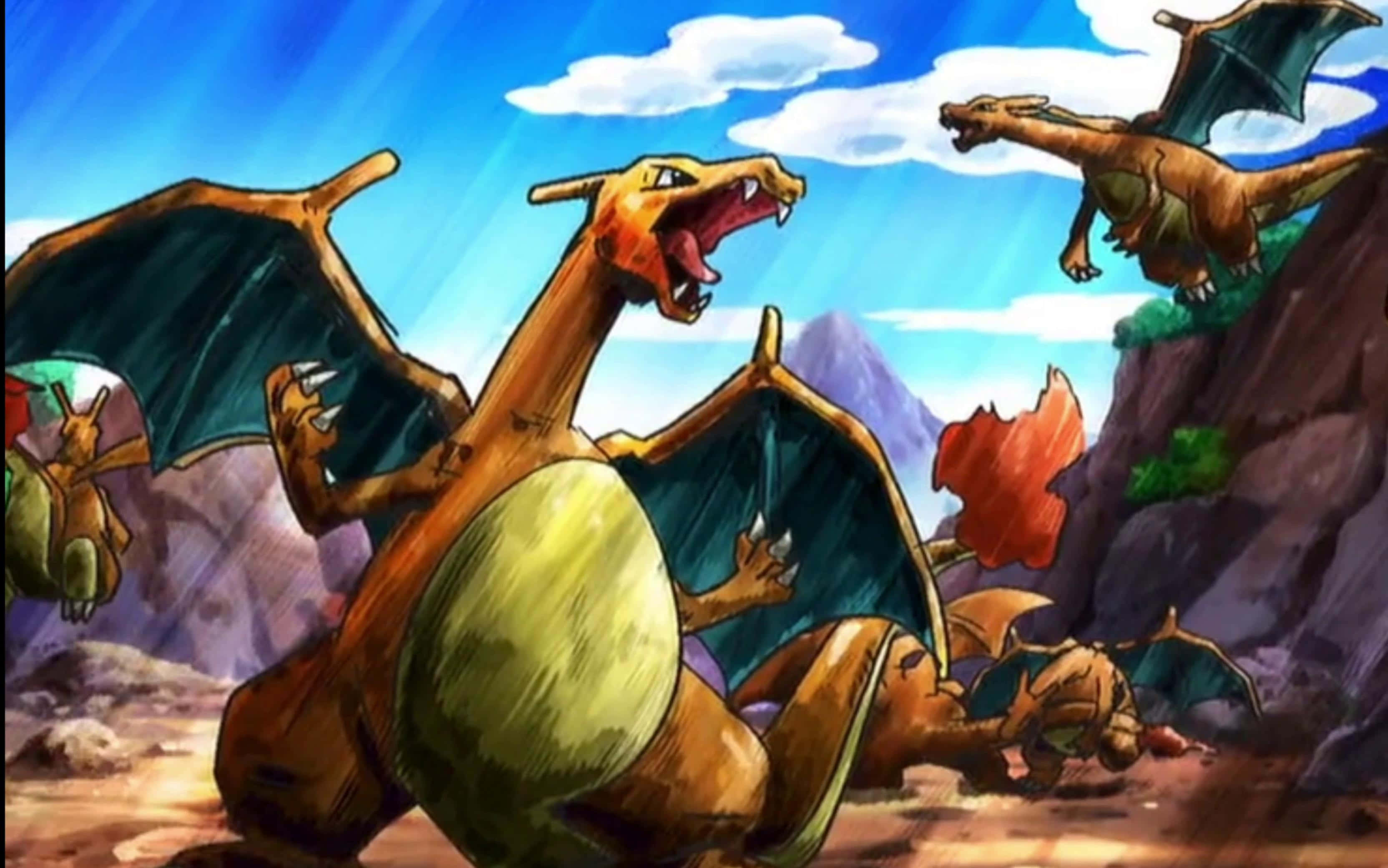 Charizard, rocky canyon, bright blue sky, 2K Desktop Wallpaper