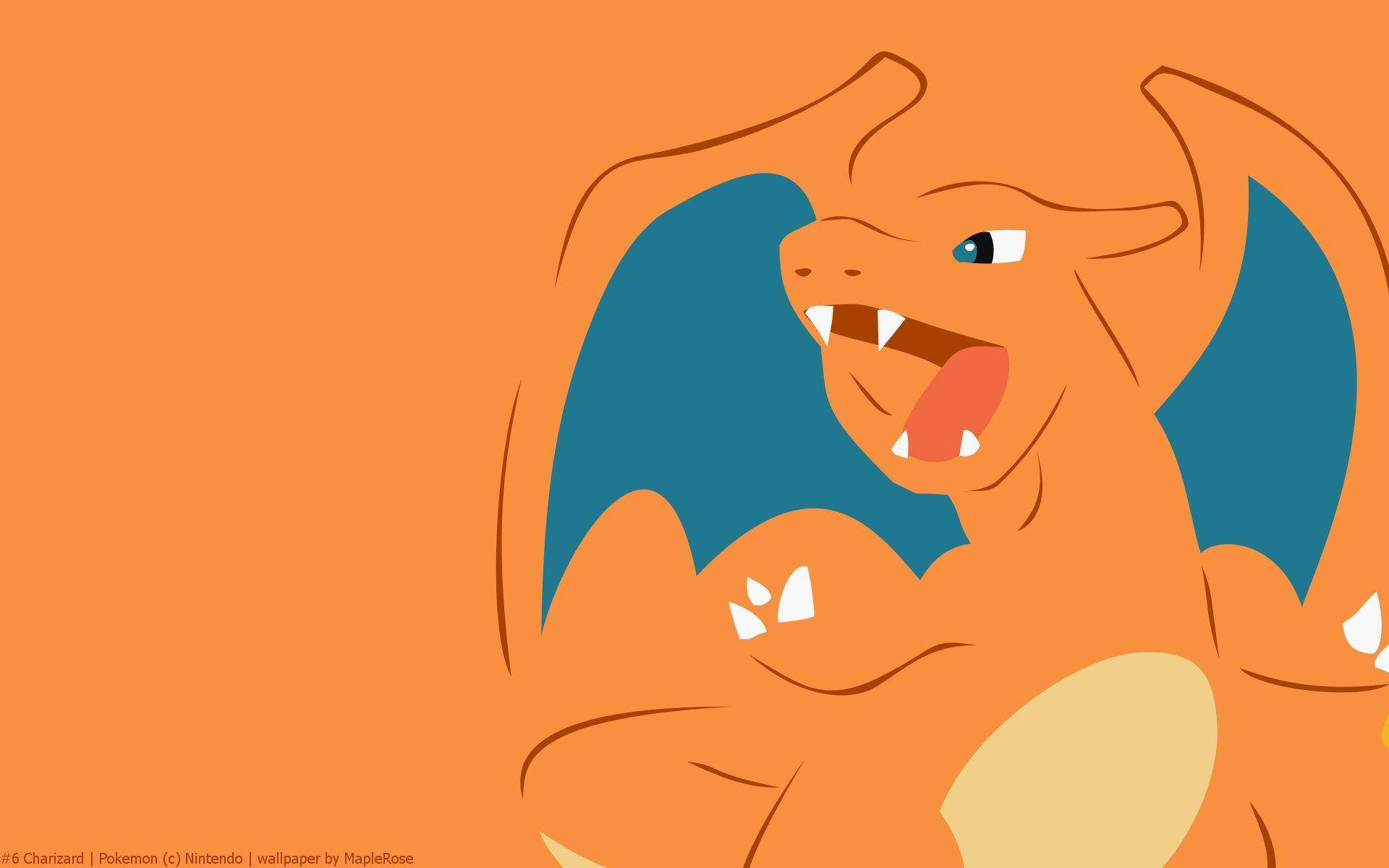 Charizard, blue wings, solid orange background, Full HD Desktop Wallpaper