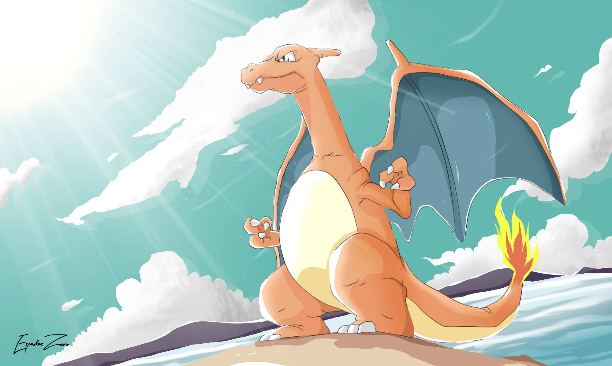 Charizard, cliffside, fiery tail, Full HD Desktop Wallpaper