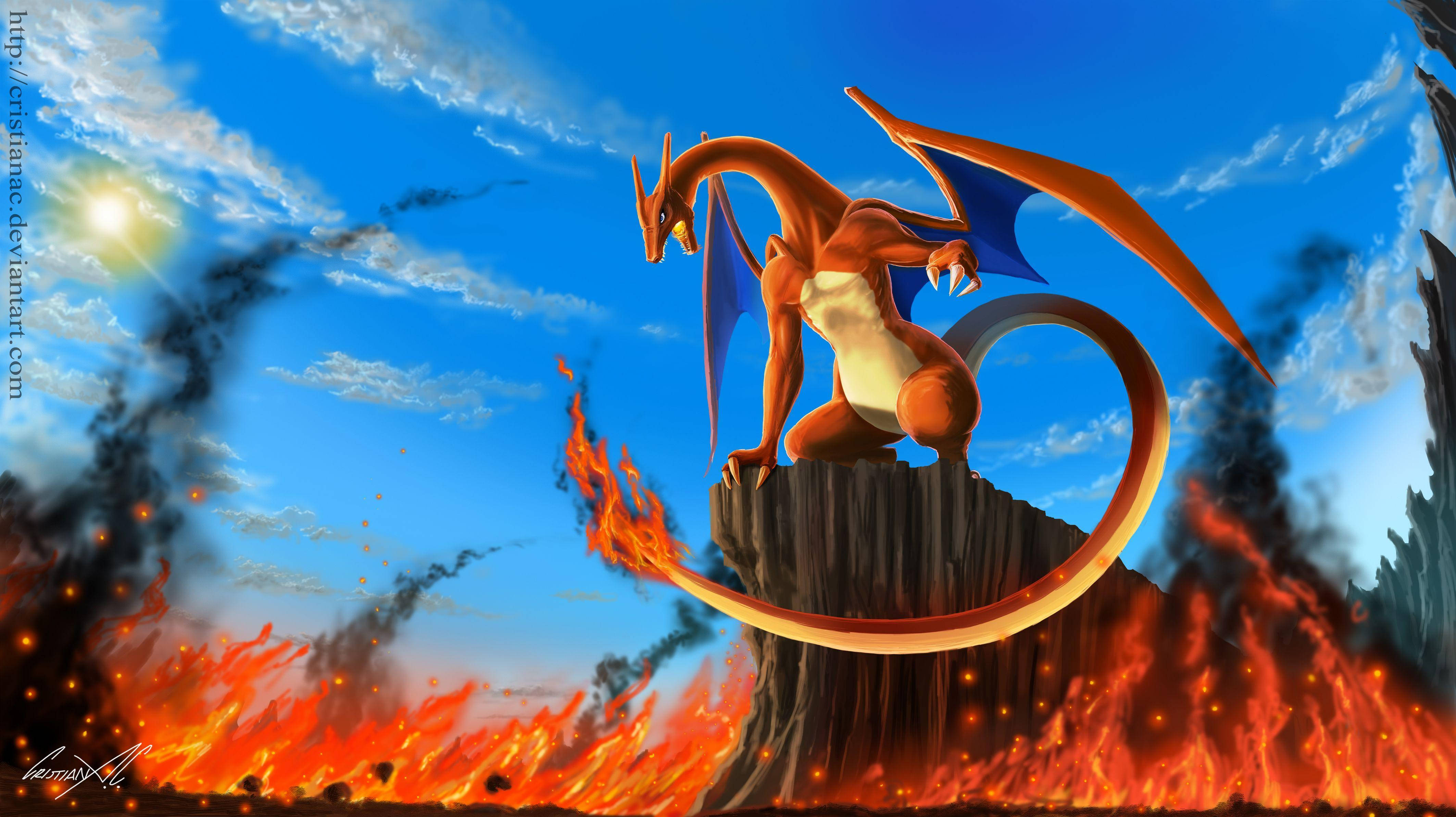 Charizard, fiery orange, rocky outcrop, 4K Desktop Wallpaper