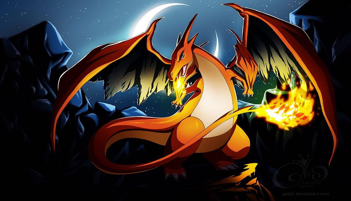 Charizard, night sky, crescent moon, SD Desktop Wallpaper