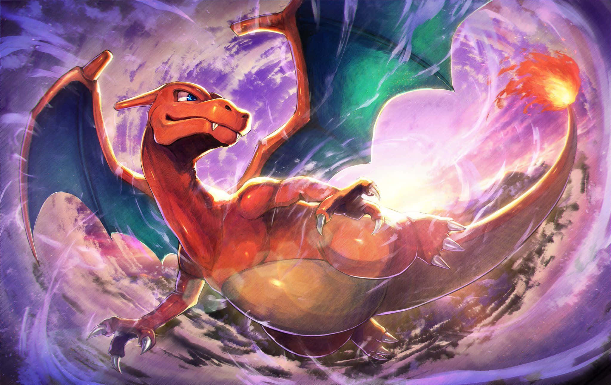 Epic Charizard, Charizard, purple and green sky, Full HD Desktop Wallpaper
