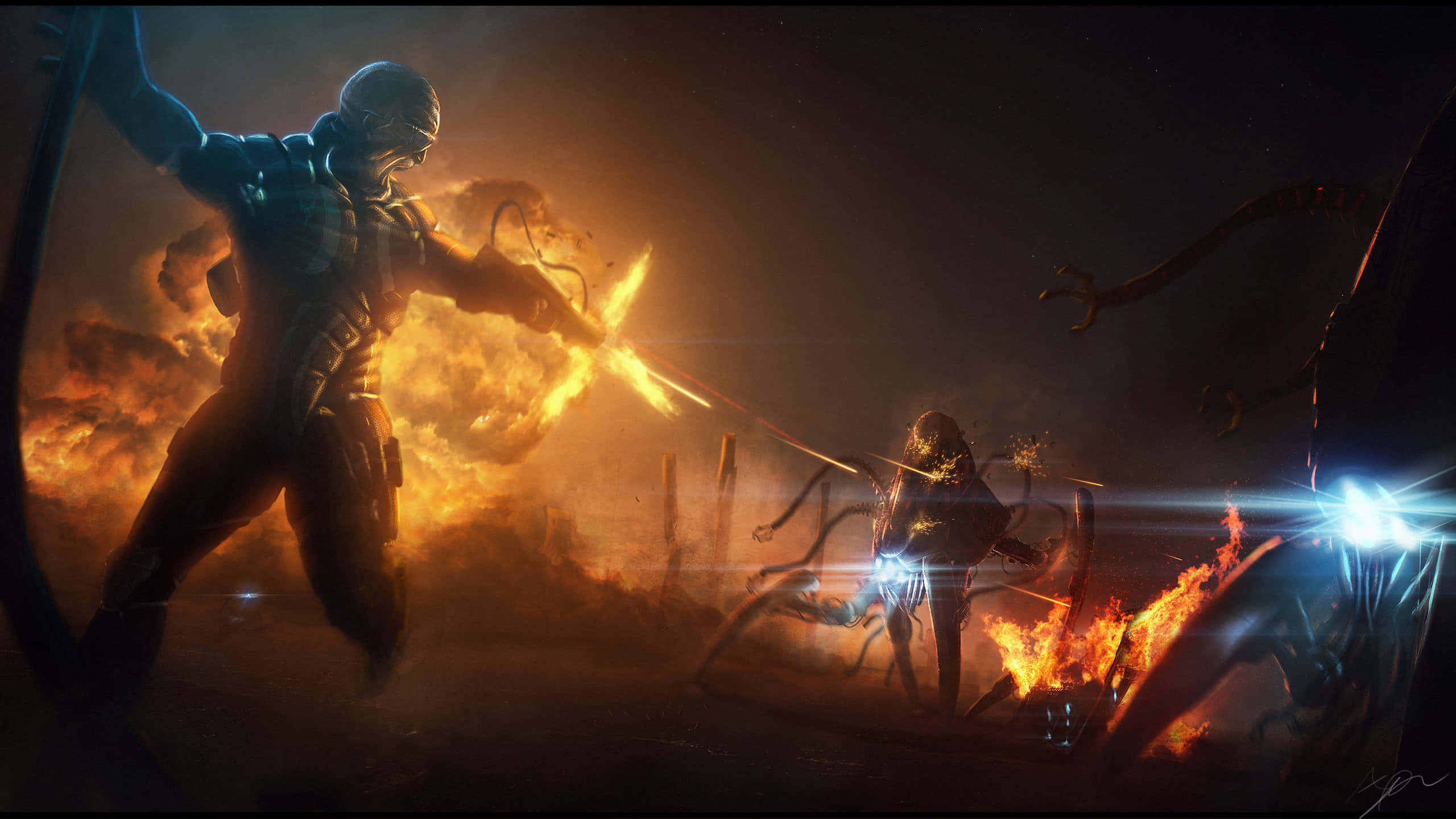 Epic Computer, glowing sword, monstrous tentacled foes, 2K Desktop Wallpaper