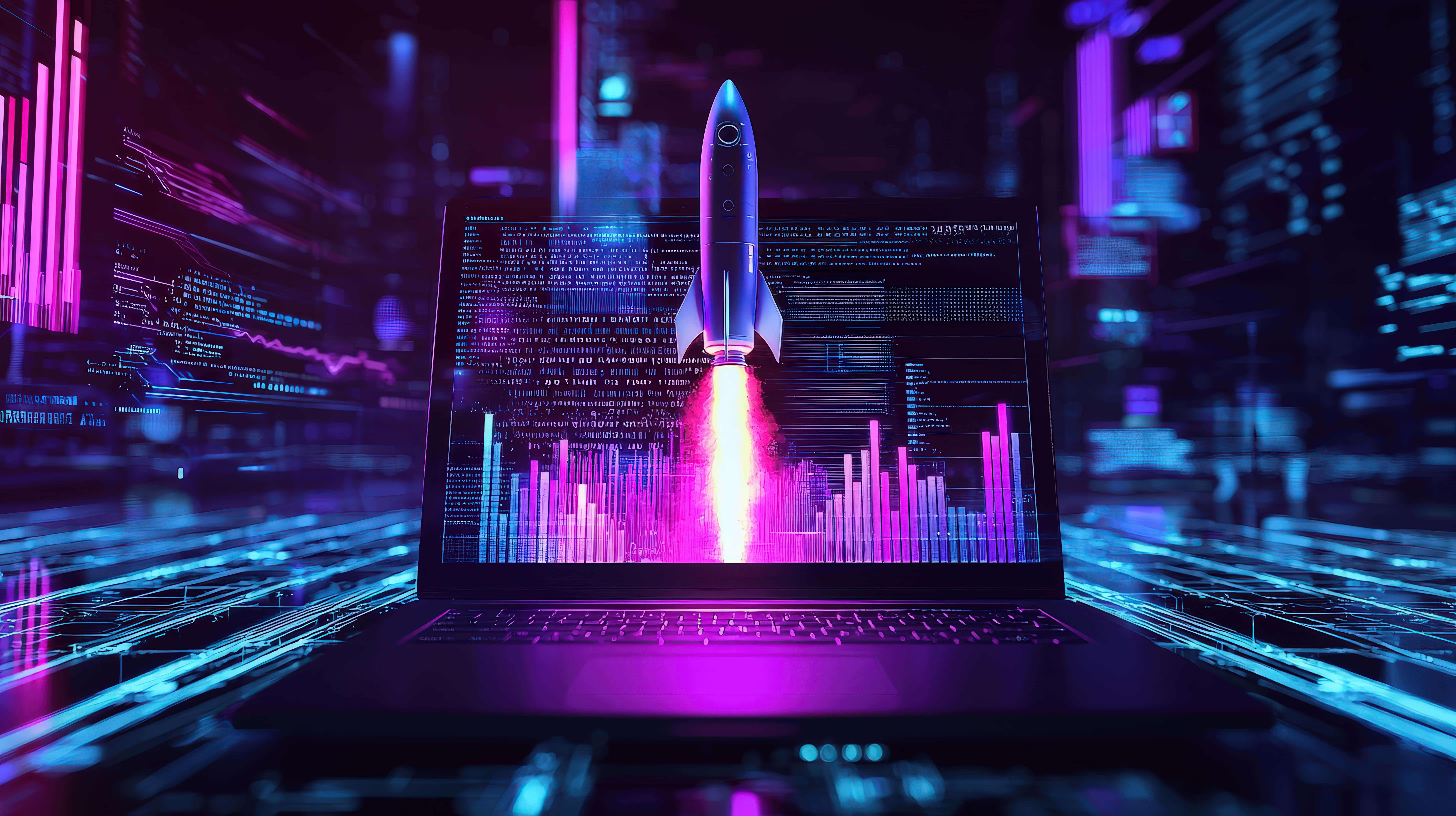 futuristic laptop, digital graphs, rocket launch, 8K Desktop Wallpaper