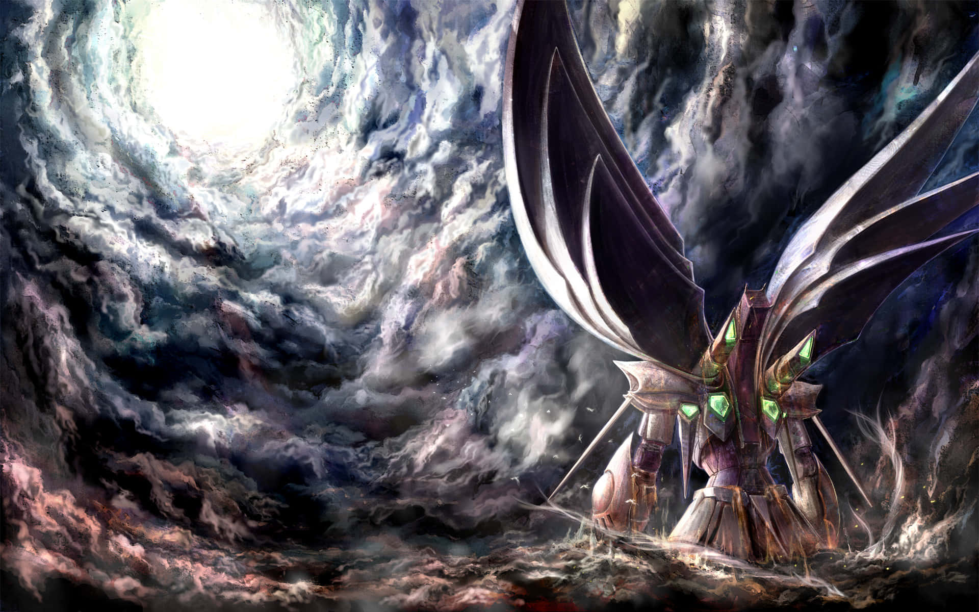 Epic Computer, armored winged creature, swirling dark clouds, Full HD Desktop Wallpaper