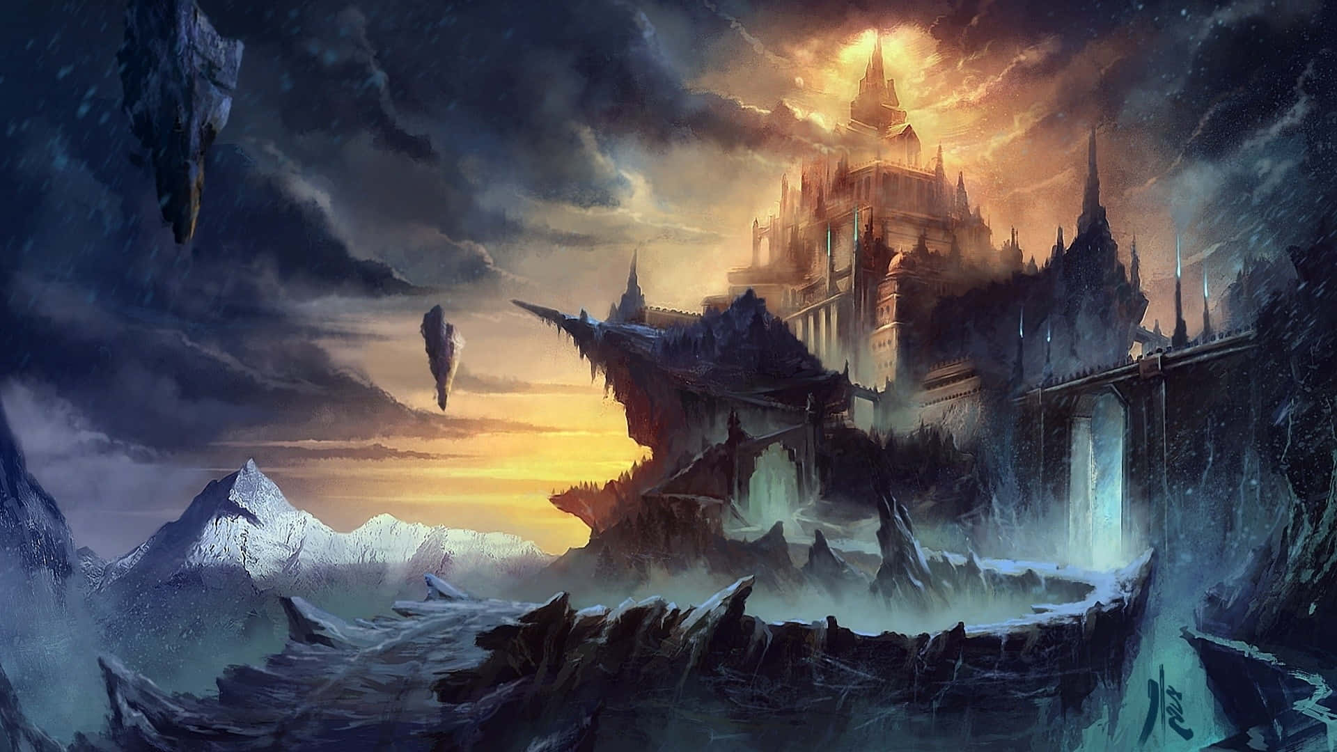 Epic Computer, gothic castle, snowy mountains, Full HD Desktop Wallpaper