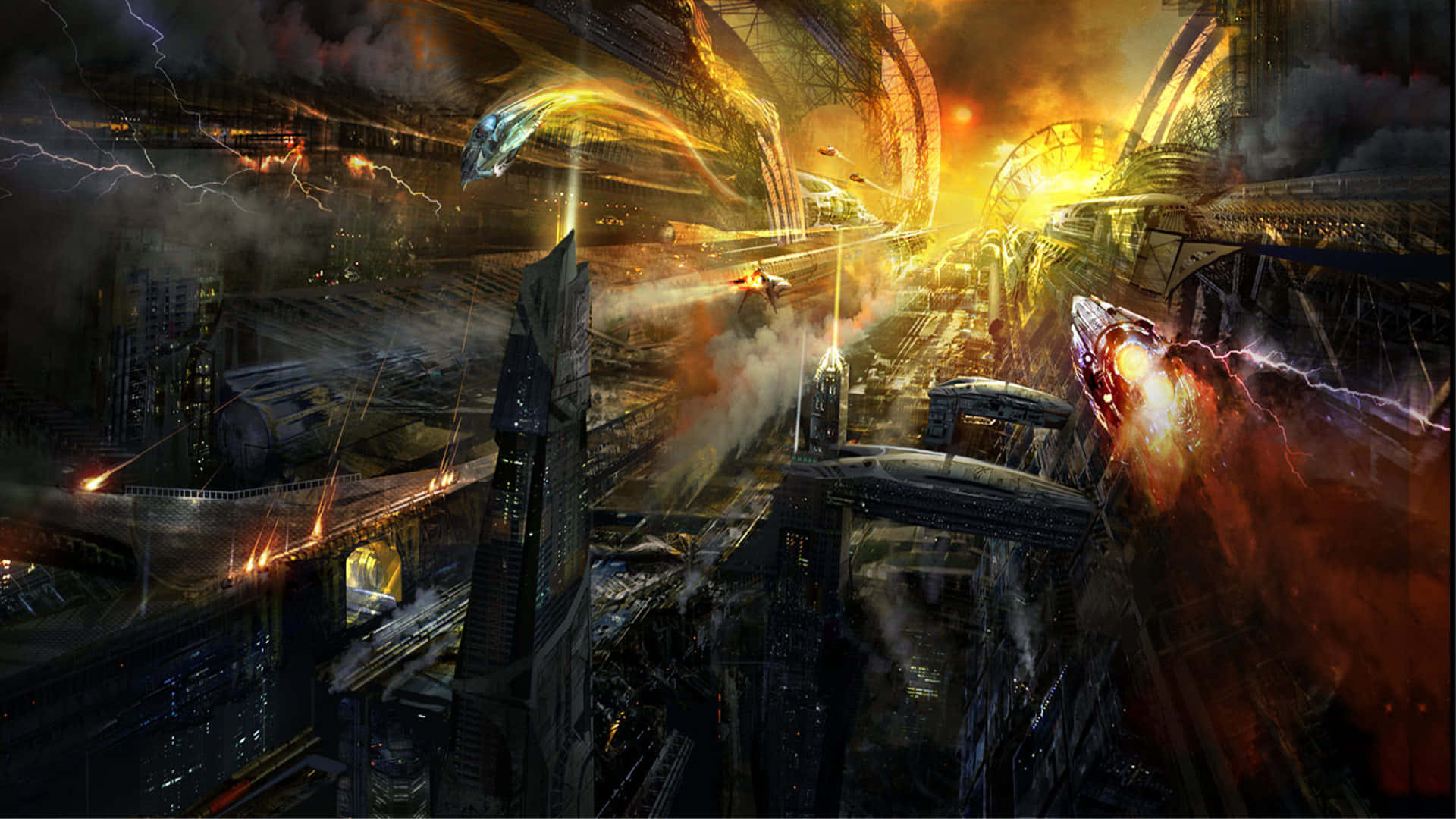 Epic Computer, futuristic cityscape, dusk, Full HD Desktop Wallpaper