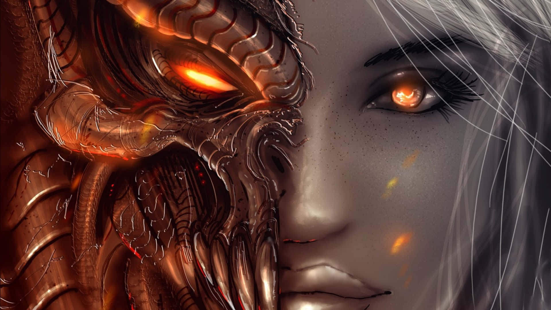Epic Computer, biomechanical dragon, glowing orange eyes, Full HD Desktop Wallpaper