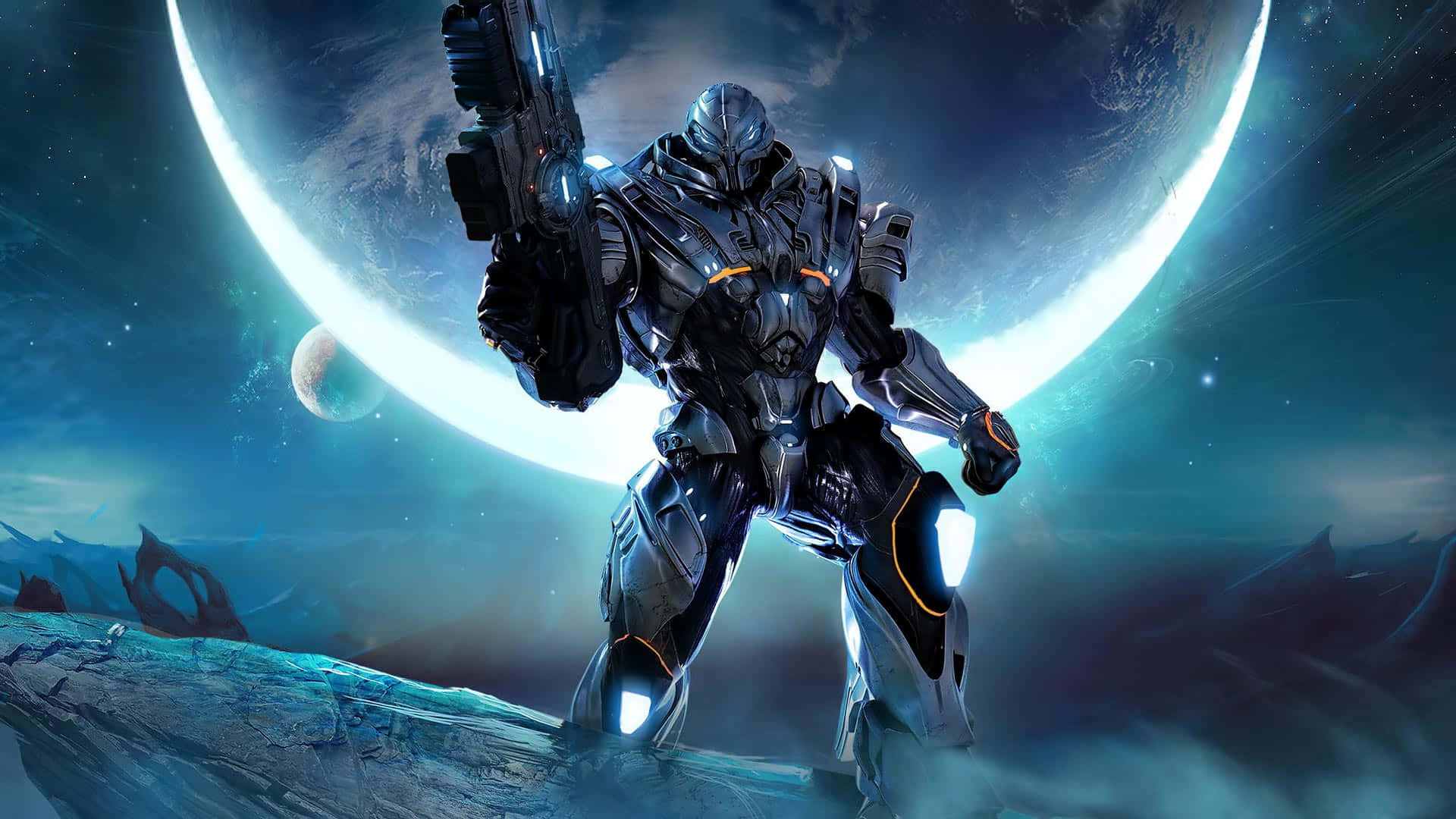 Epic Computer, futuristic armored warrior, rocky alien planet, Full HD Desktop Wallpaper