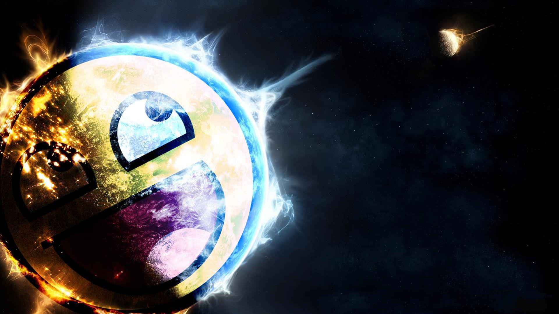 Epic Computer, cosmic Pac-Man emoji, fiery orange, Full HD Desktop Wallpaper
