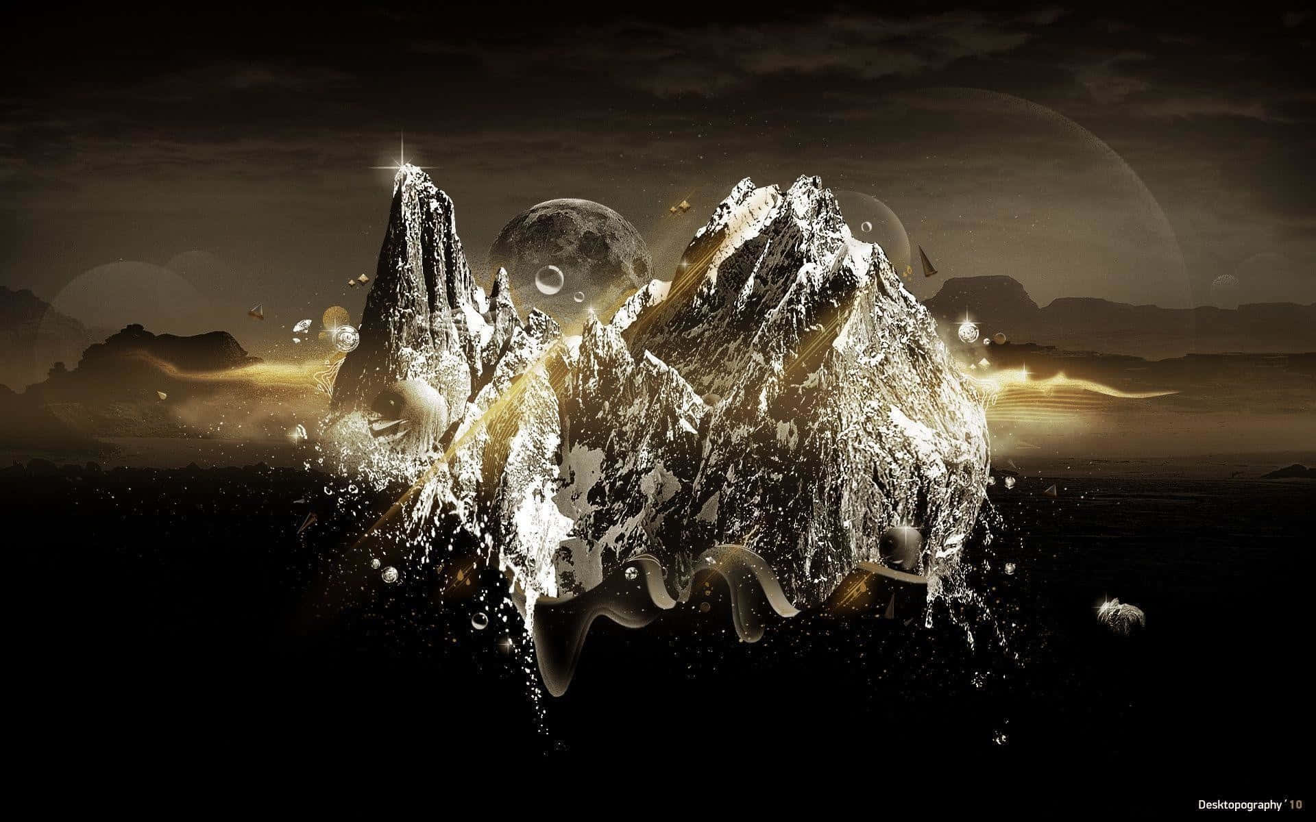 Epic Computer, glowing golden cracks, floating orbs, Full HD Desktop Wallpaper