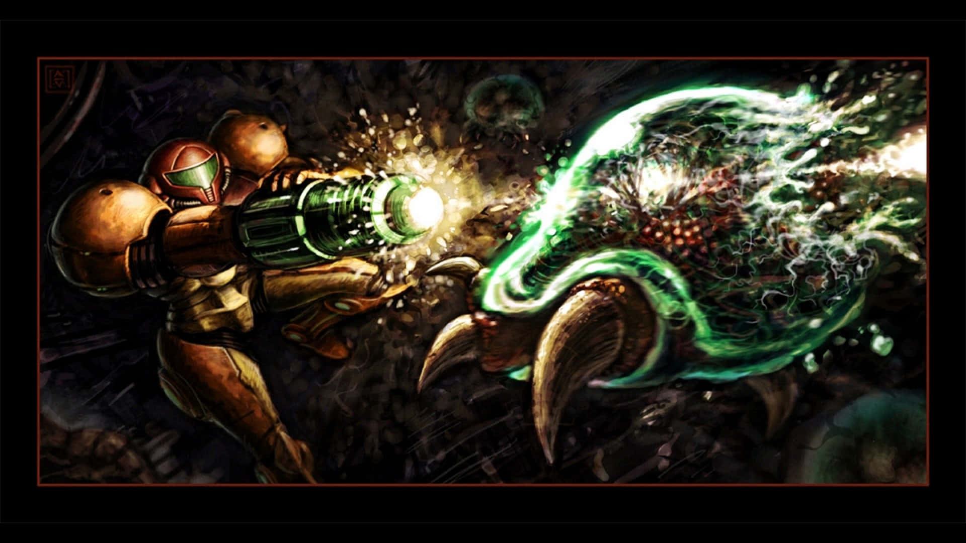 Epic Computer, glowing green weapon, monstrous alien creature, Full HD Desktop Wallpaper