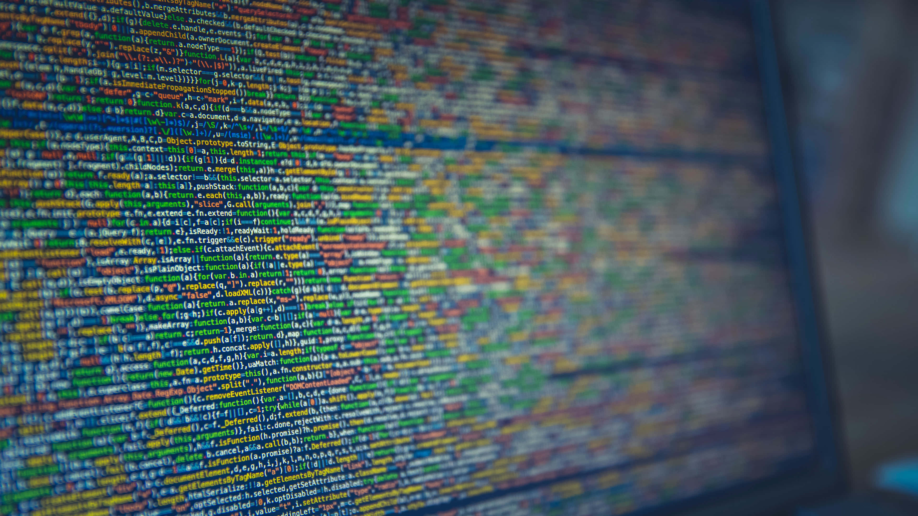 IT Computer, colorful cascading code lines, blurred monitor screen, 4K Desktop Wallpaper