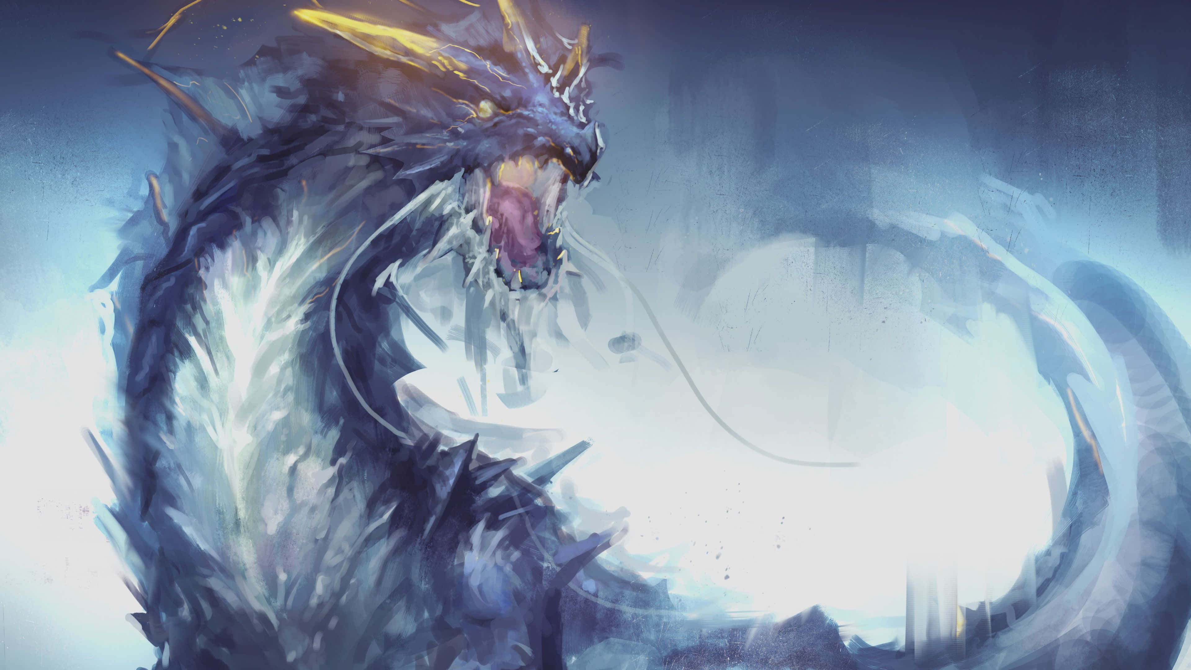 epic dragon 4k, blue dragon, glowing yellow horns, 4K Desktop Wallpaper