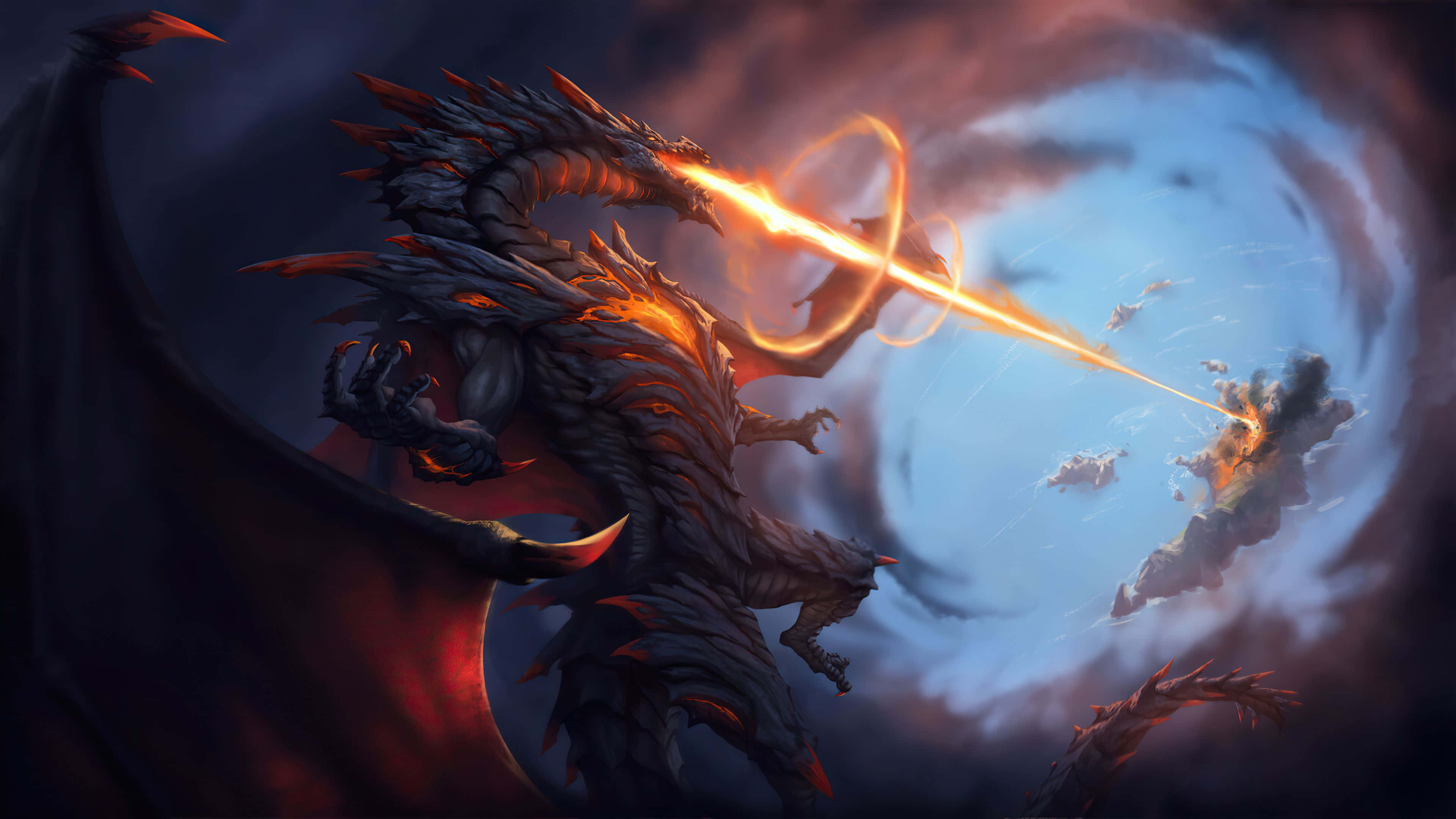 Epic Dragon 4K, dark scaled dragon, fiery beam, 4K Desktop Wallpaper