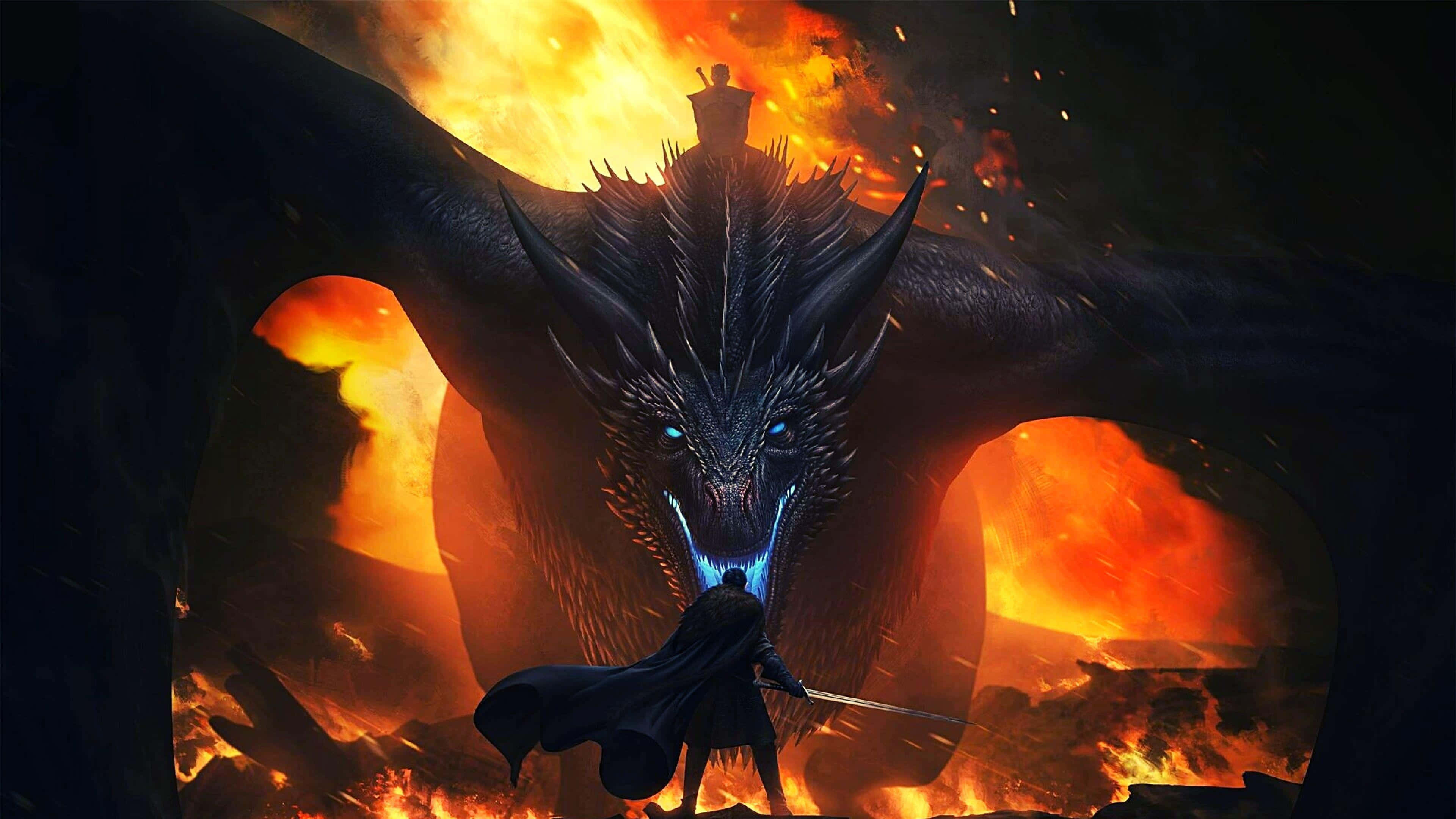 epic dragon 4k, massive black dragon, blue fire, 4K Desktop Wallpaper