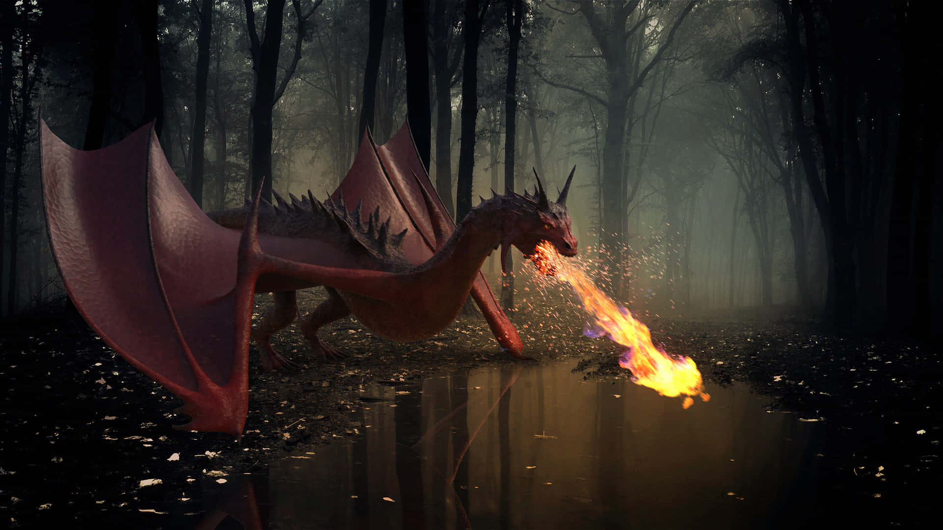epic dragon 4k, red dragon, misty forest, Full HD Desktop Wallpaper