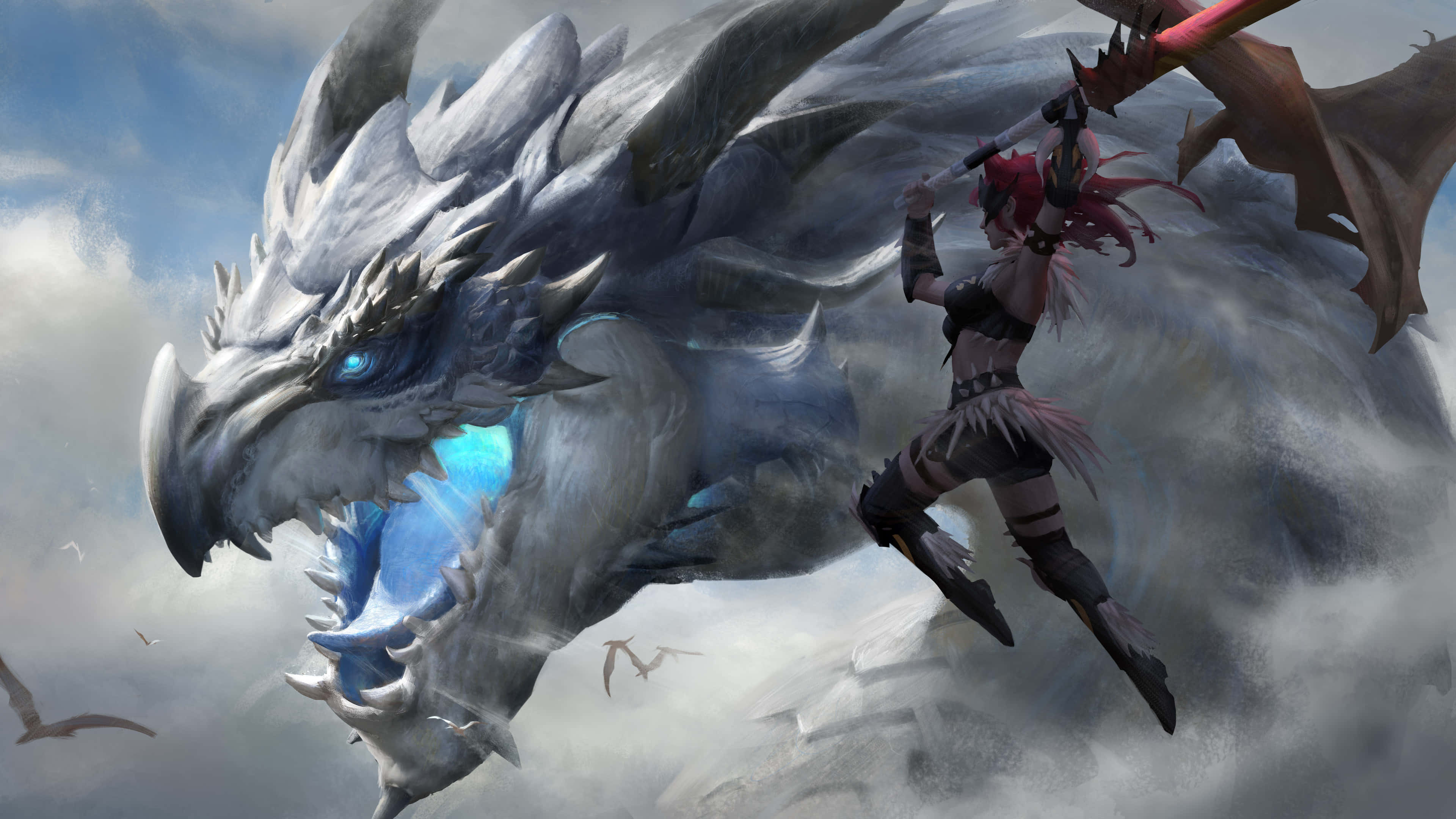 epic dragon 4k, massive silver dragon, glowing blue eyes, 4K Desktop Wallpaper