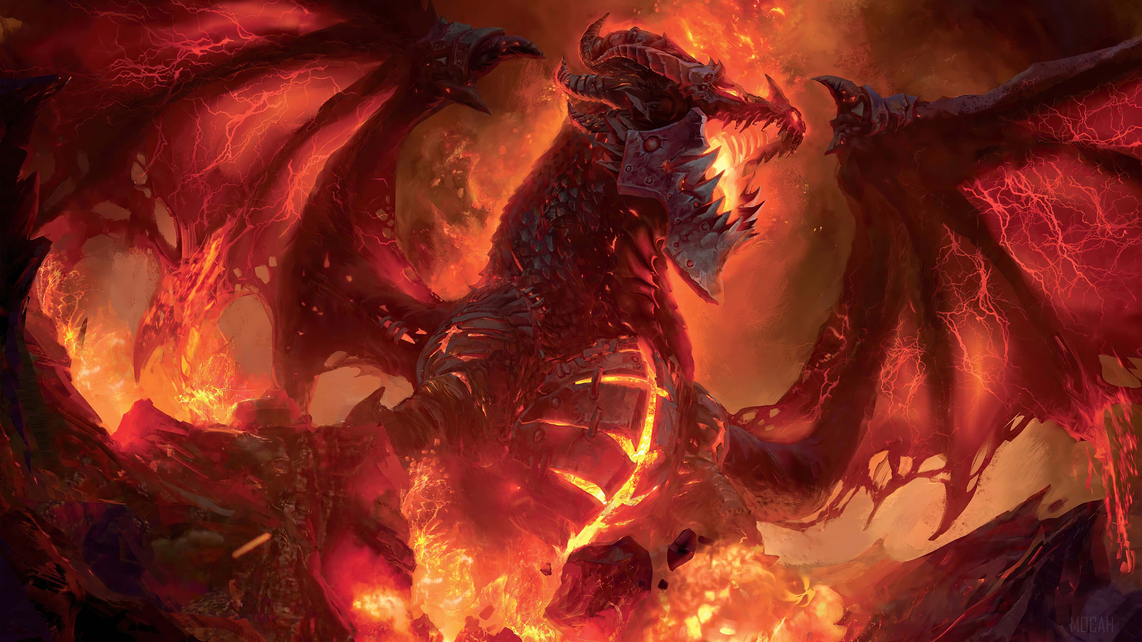 Epic Dragon 4K, colossal fiery dragon, glowing red eyes, 4K Desktop Wallpaper