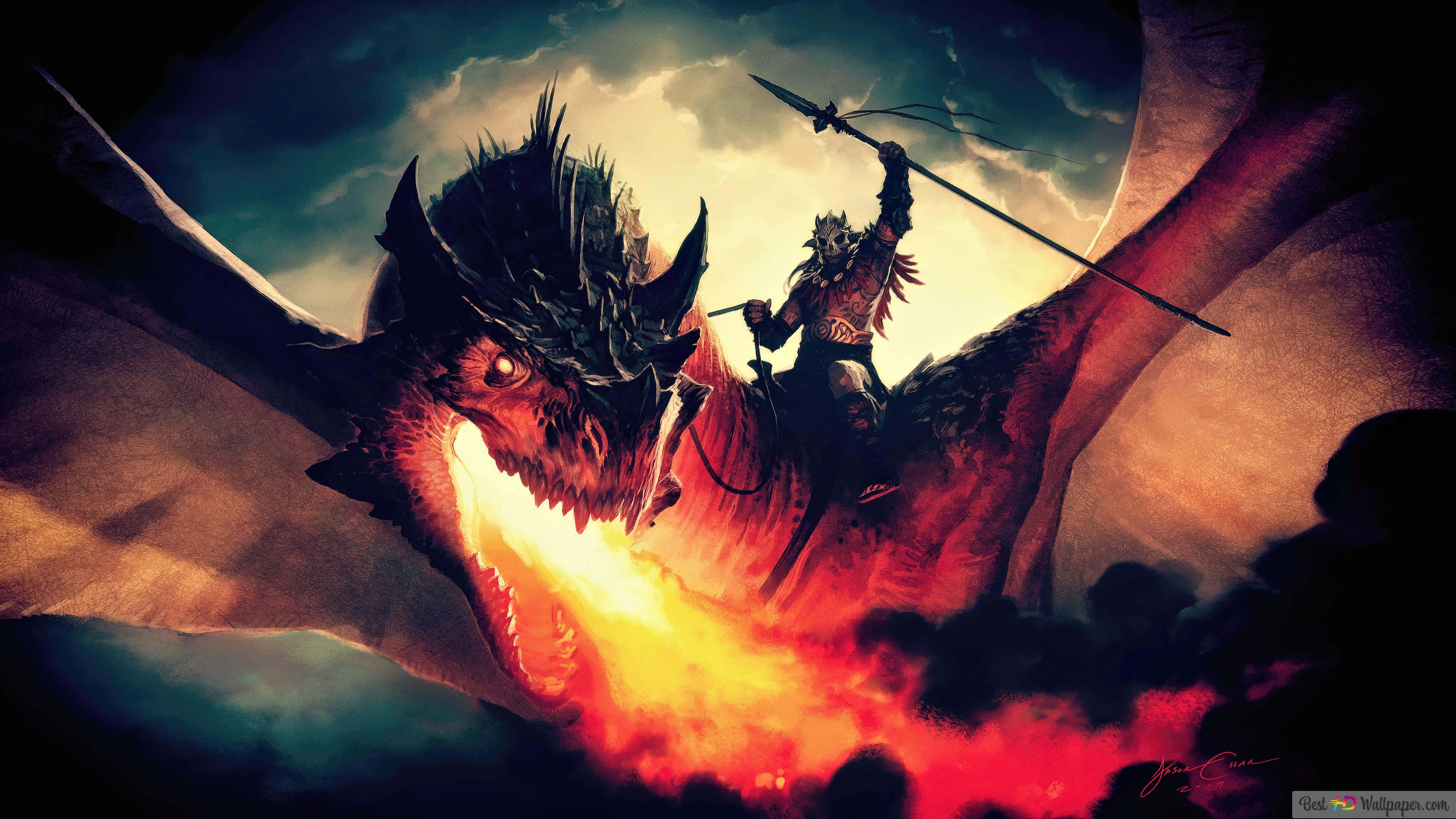 Epic Dragon 4K, warrior, massive dragon, 4K Desktop Wallpaper