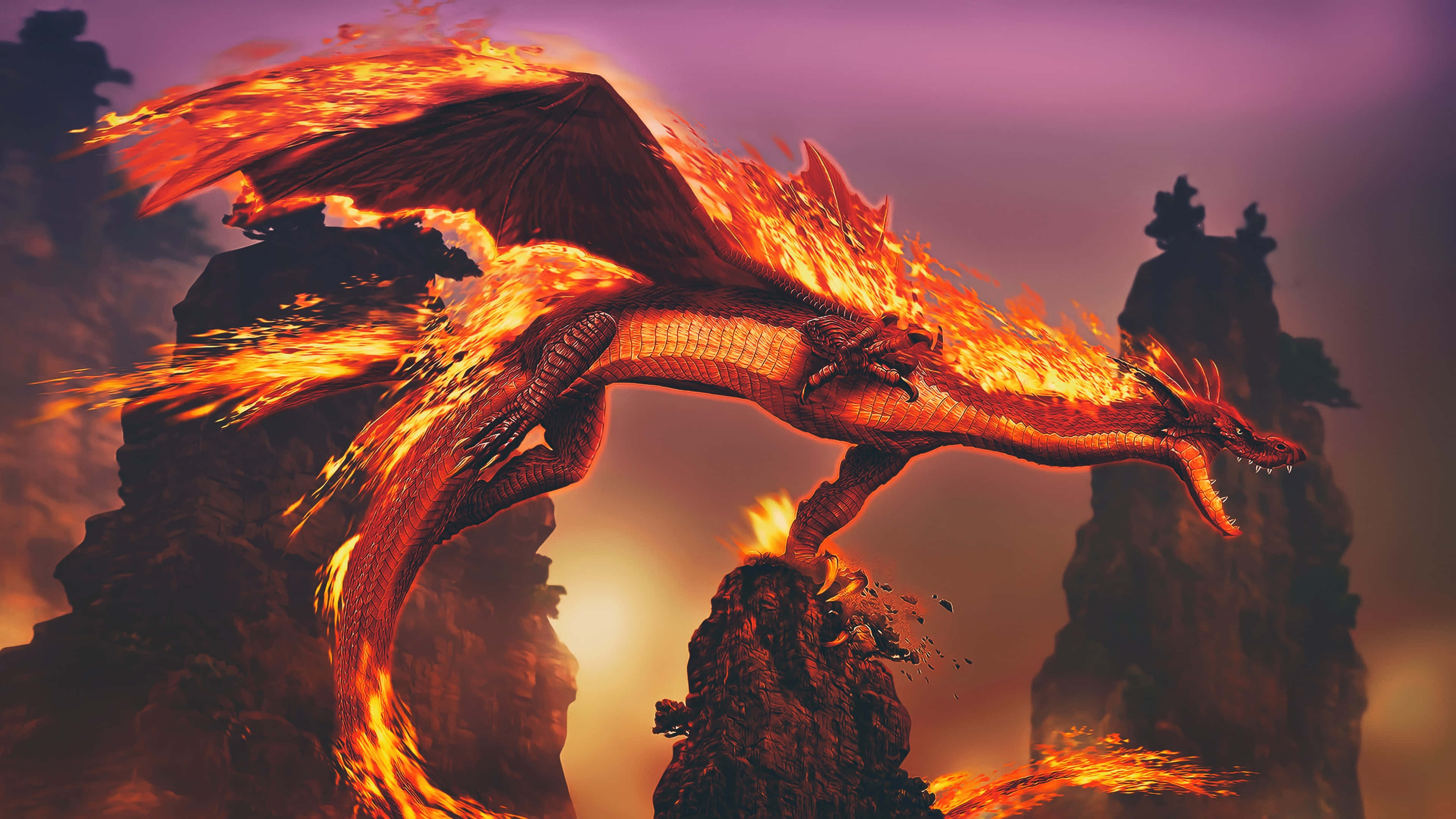 Epic Dragon 4K, fiery red dragon, twilight sky, 4K Desktop Wallpaper